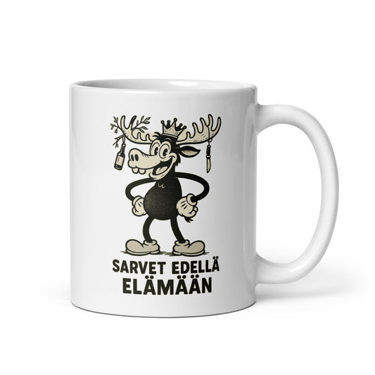Hauska muki lahjaksi mustalla sarvella ja tekstillä Sarvet edellä elämään