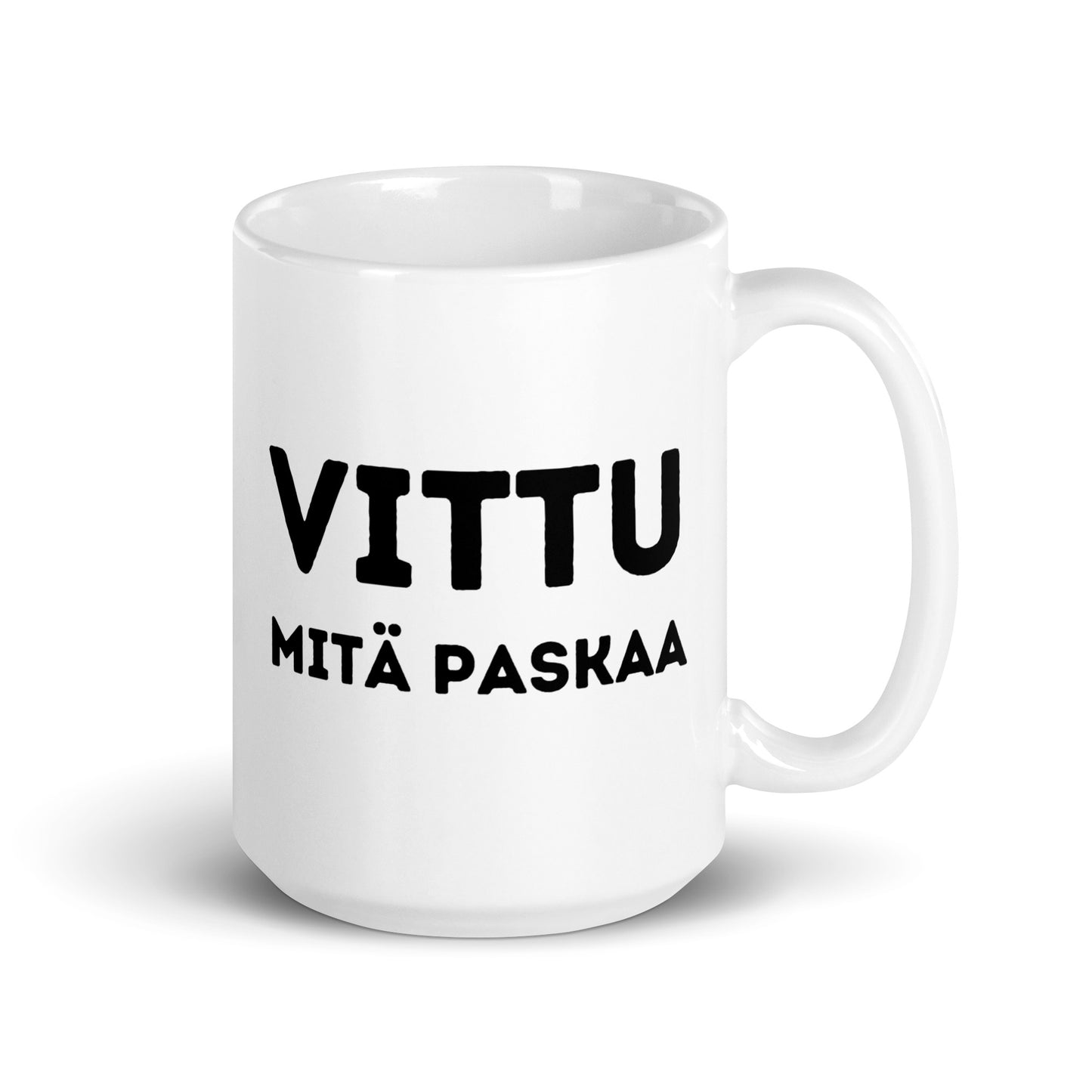 Hauska muki lahjaksi, jossa on teksti VITUT MITÄ PASKAA, valkoinen kahvimuki