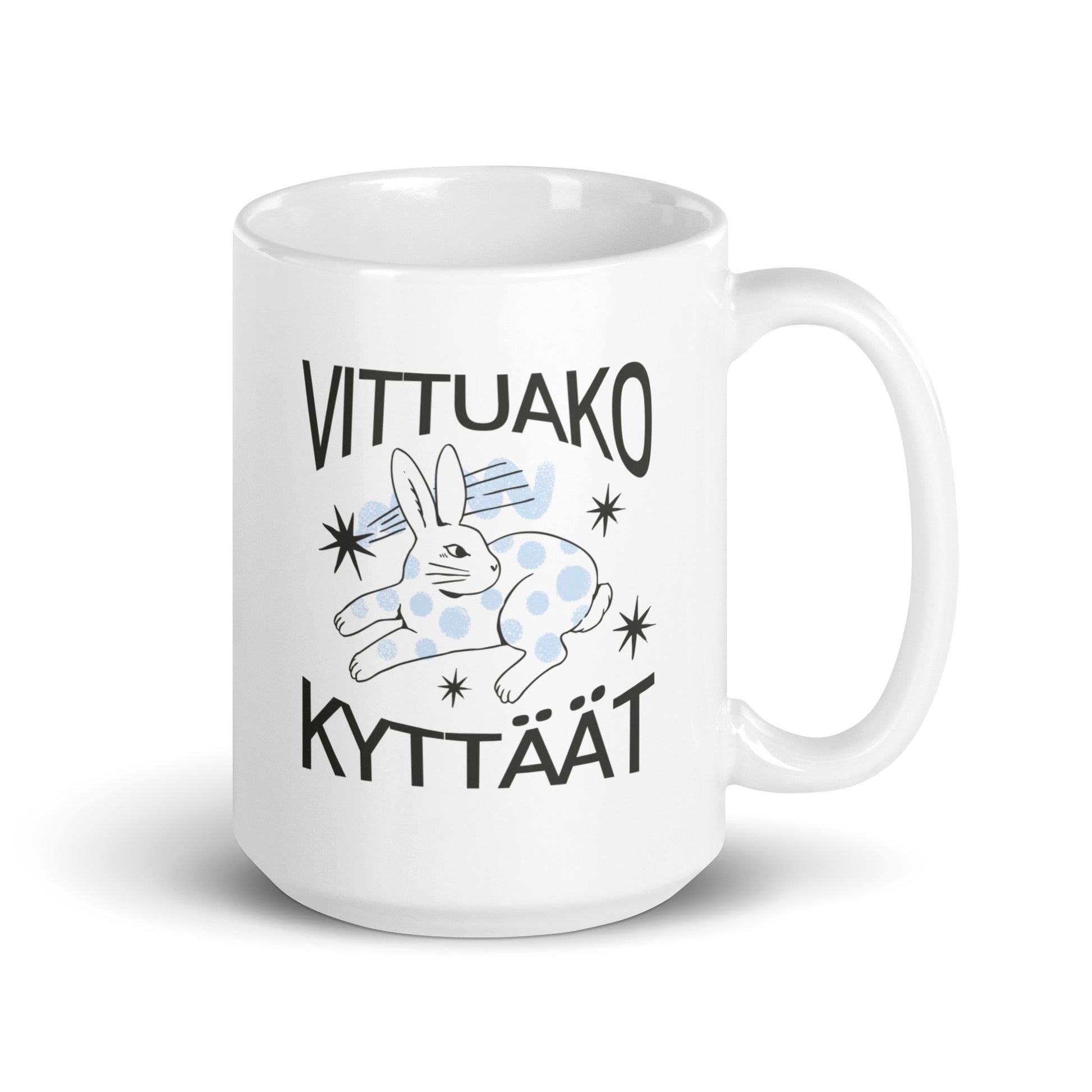 Hauska muki lahjaksi, jossa hyppivä pupu ja teksti 'Vittuaako kyttääät?'
