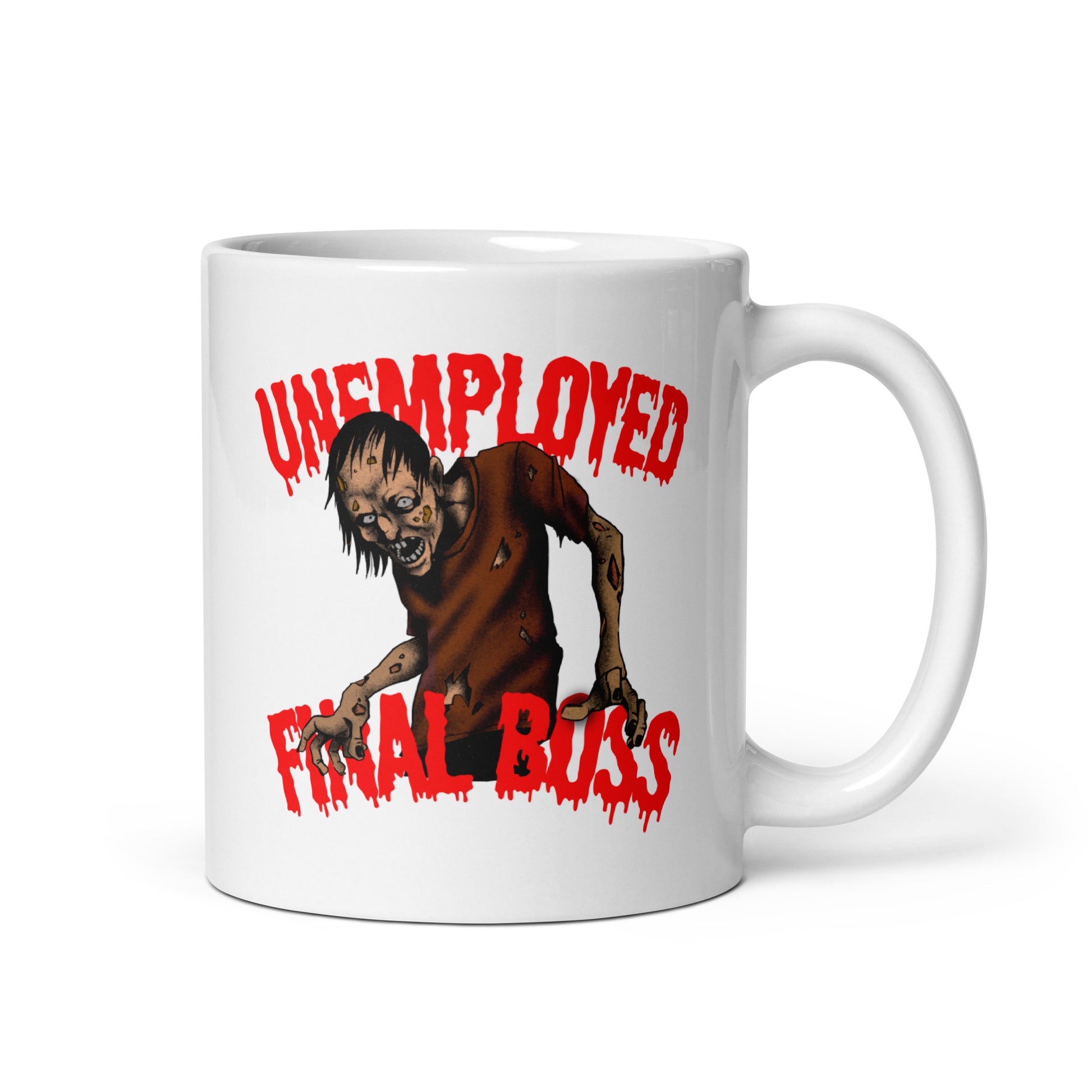 Hauska muki lahjaksi missä on pelottava zombie ja teksti Unemployed Final Boss