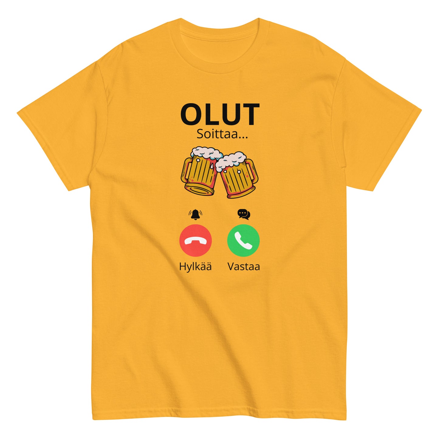 Hauska olut t-paita keltaisena, jossa oluttuopit ja puhelinsoitto kuvattuna