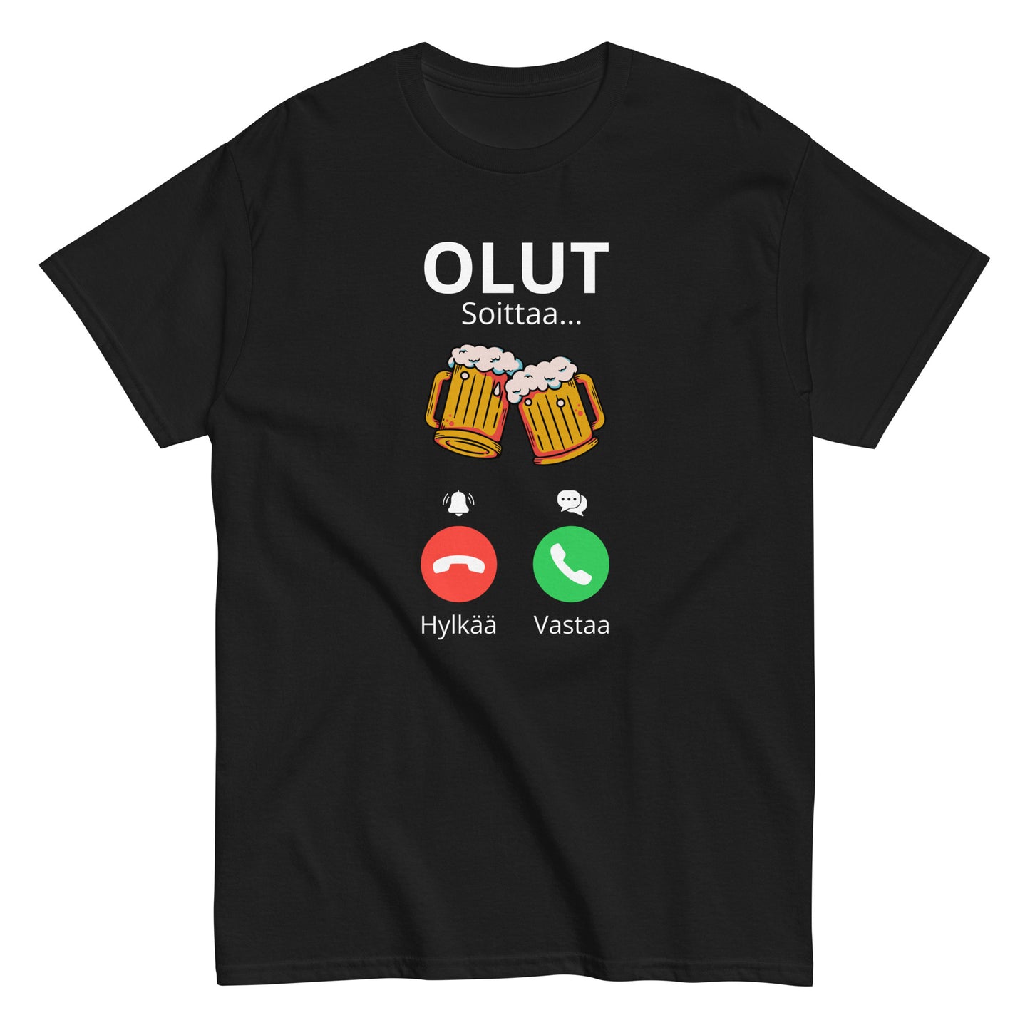 Hauska olut t-paita mustalla taustalla, jossa olutpullot ja tekstiviestit