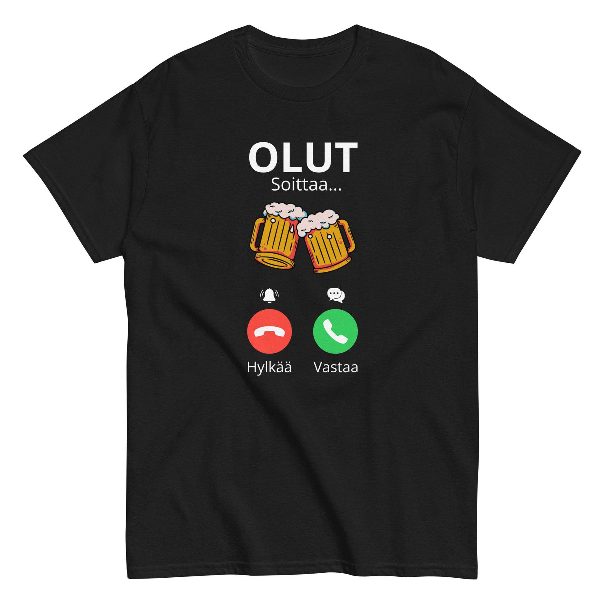 Hauska olut t-paita mustalla taustalla, jossa olutpullot ja tekstiviestit