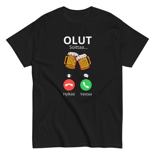 Hauska olut t-paita mustalla taustalla, jossa olutpullot ja tekstiviestit