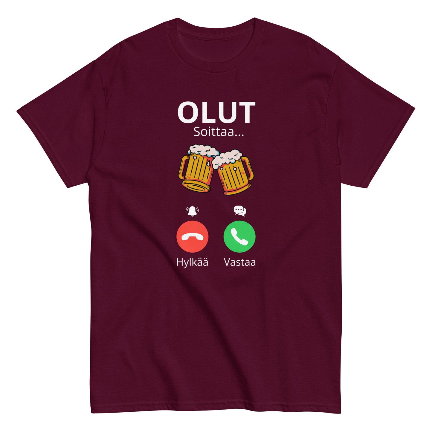 Hauska olut t-paita punaisella taustalla, jossa olutkannuja ja tekstiviestejä.