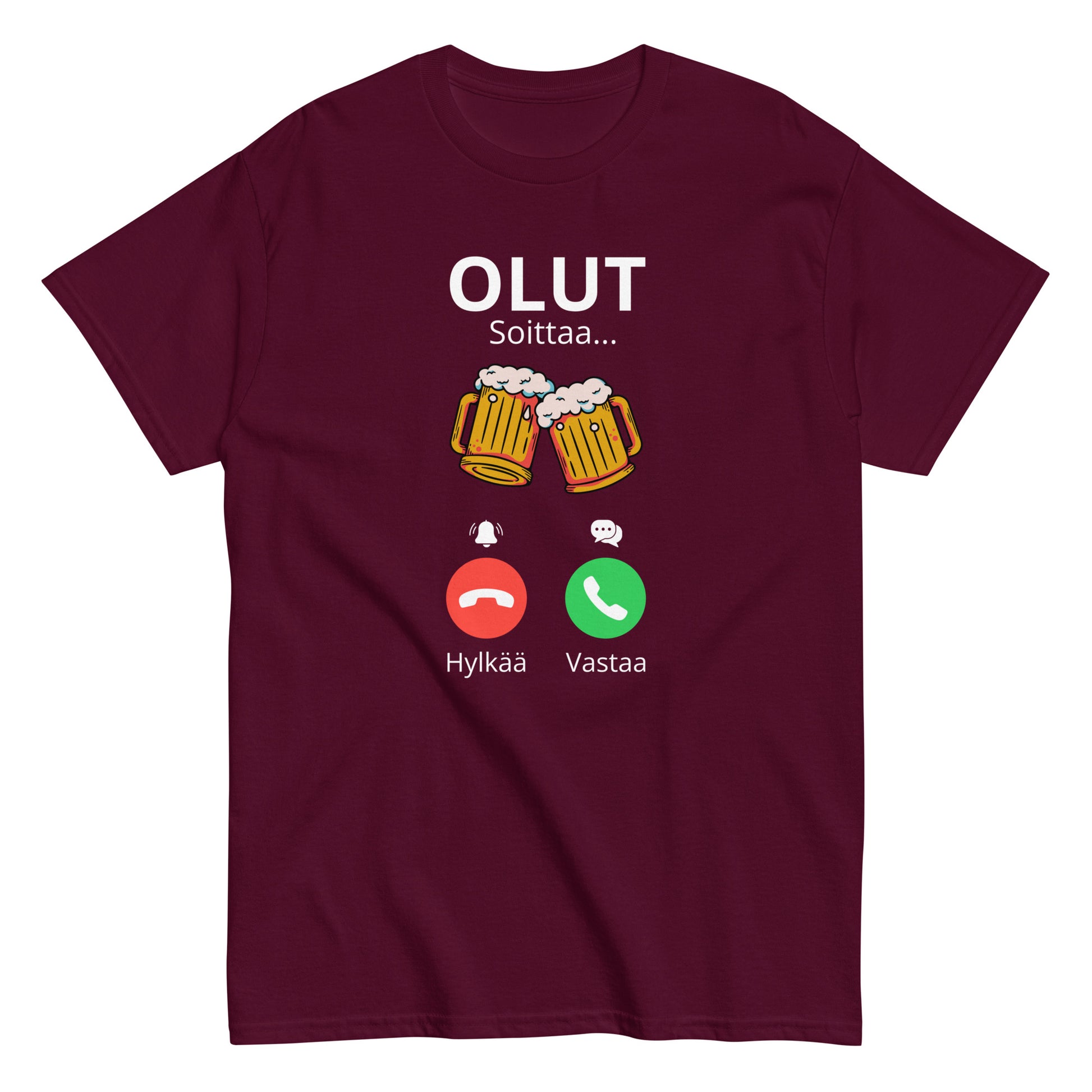 Hauska olut t-paita punaisella taustalla, jossa olutkannuja ja tekstiviestejä.