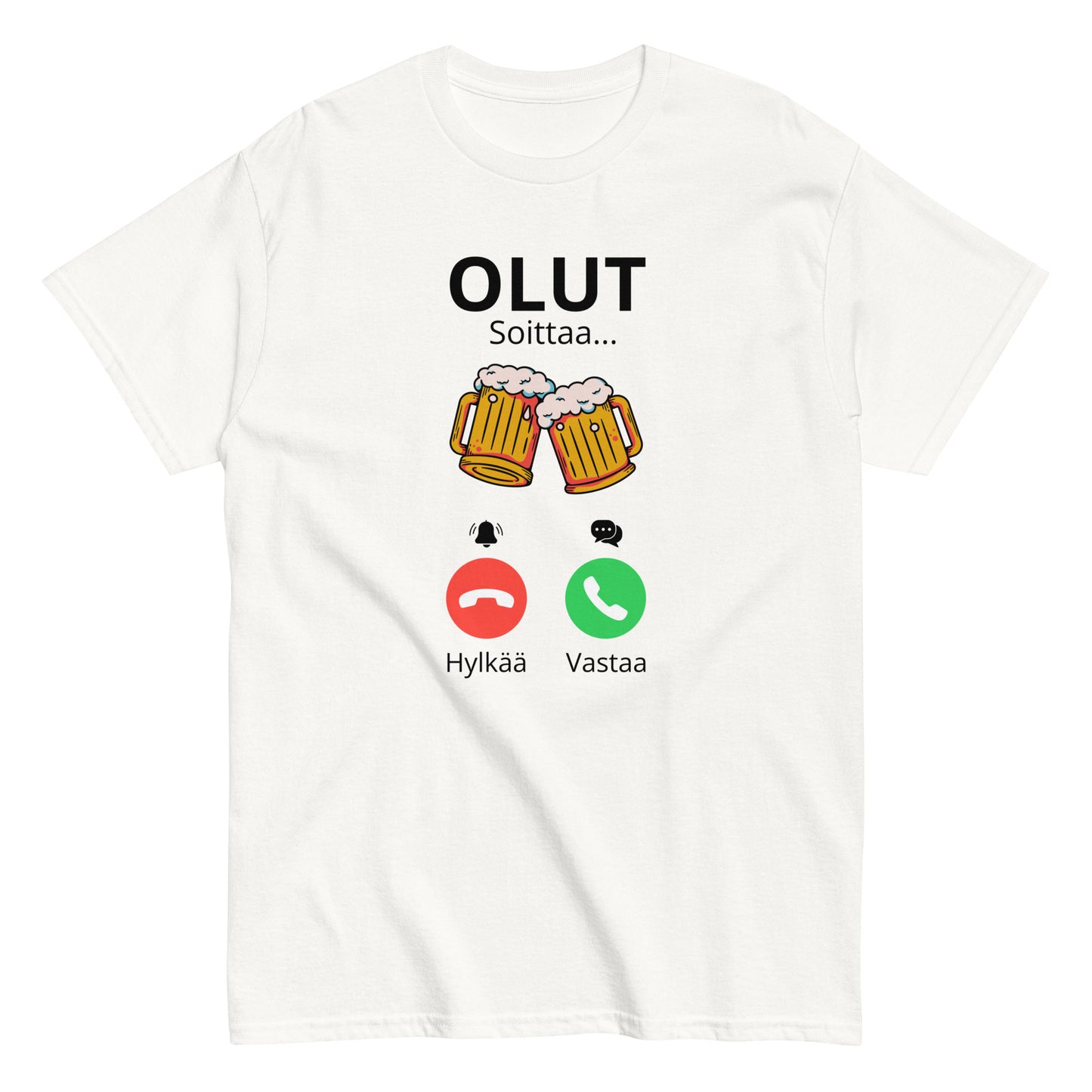 Hauska olut t-paita valkoisella taustalla, jossa olutlasit ja soittoikoni