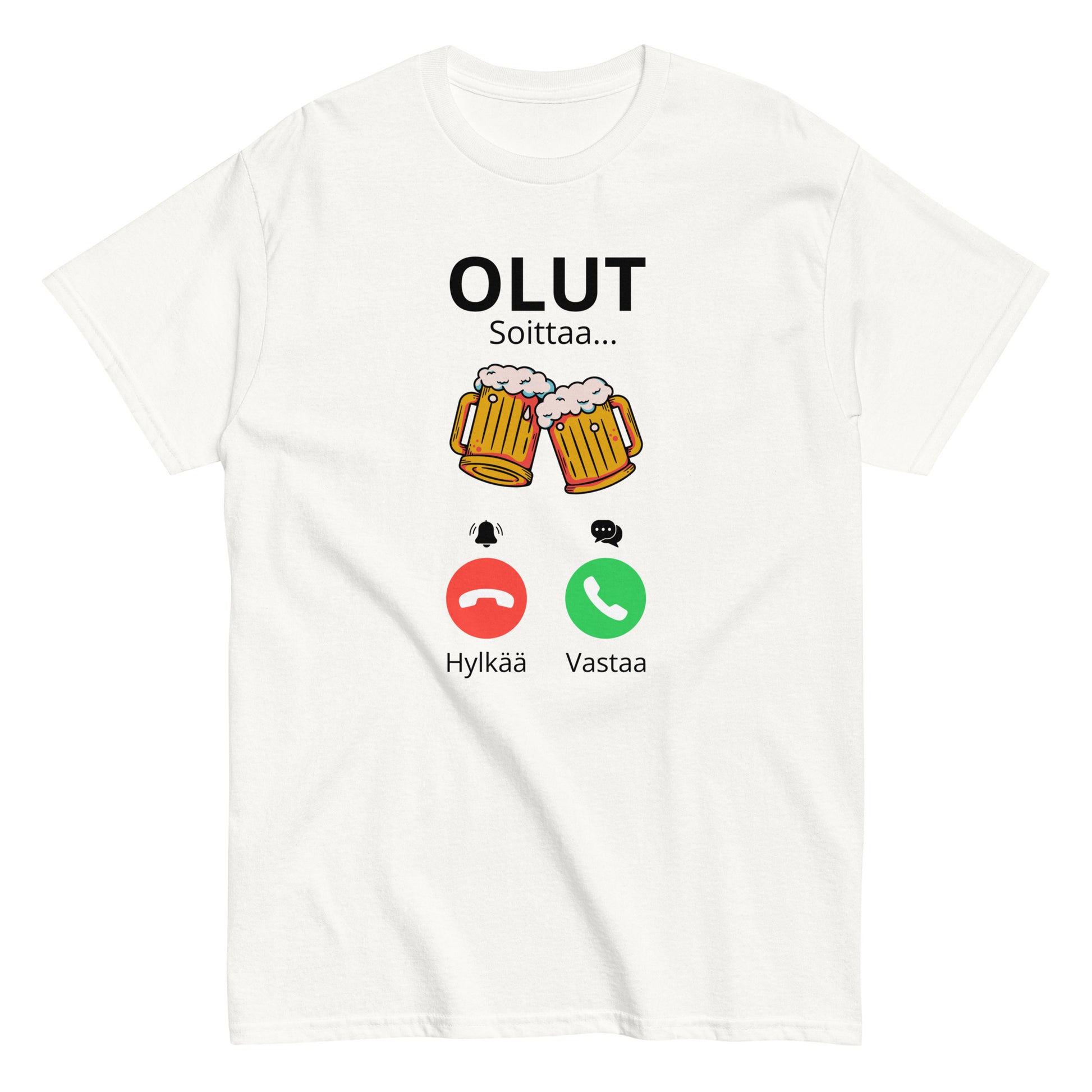 Hauska olut t-paita valkoisella taustalla, jossa olutlasit ja soittoikoni