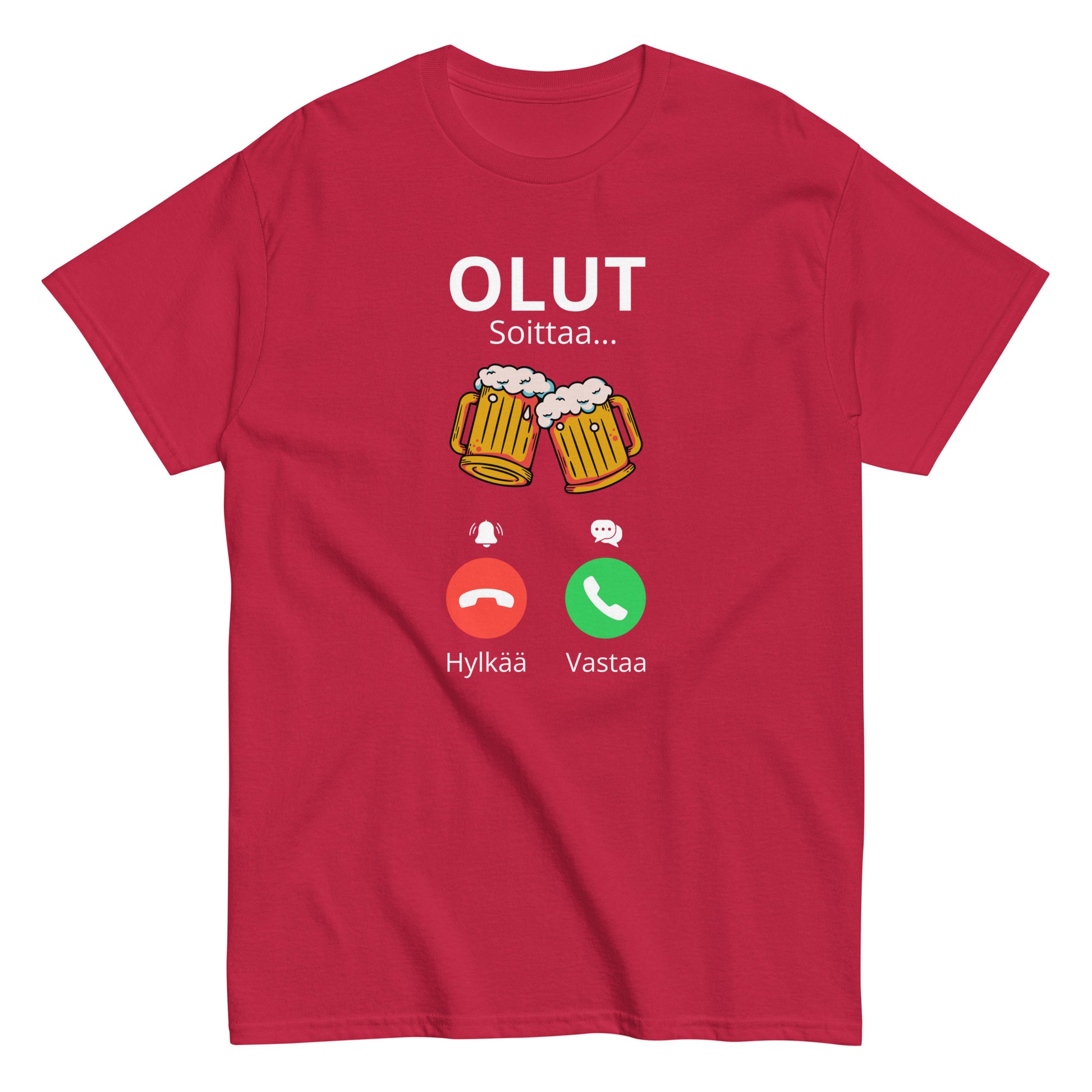 Hauska olut t-paita punaisella värillä, jossa olutmukit ja puhelinikonit