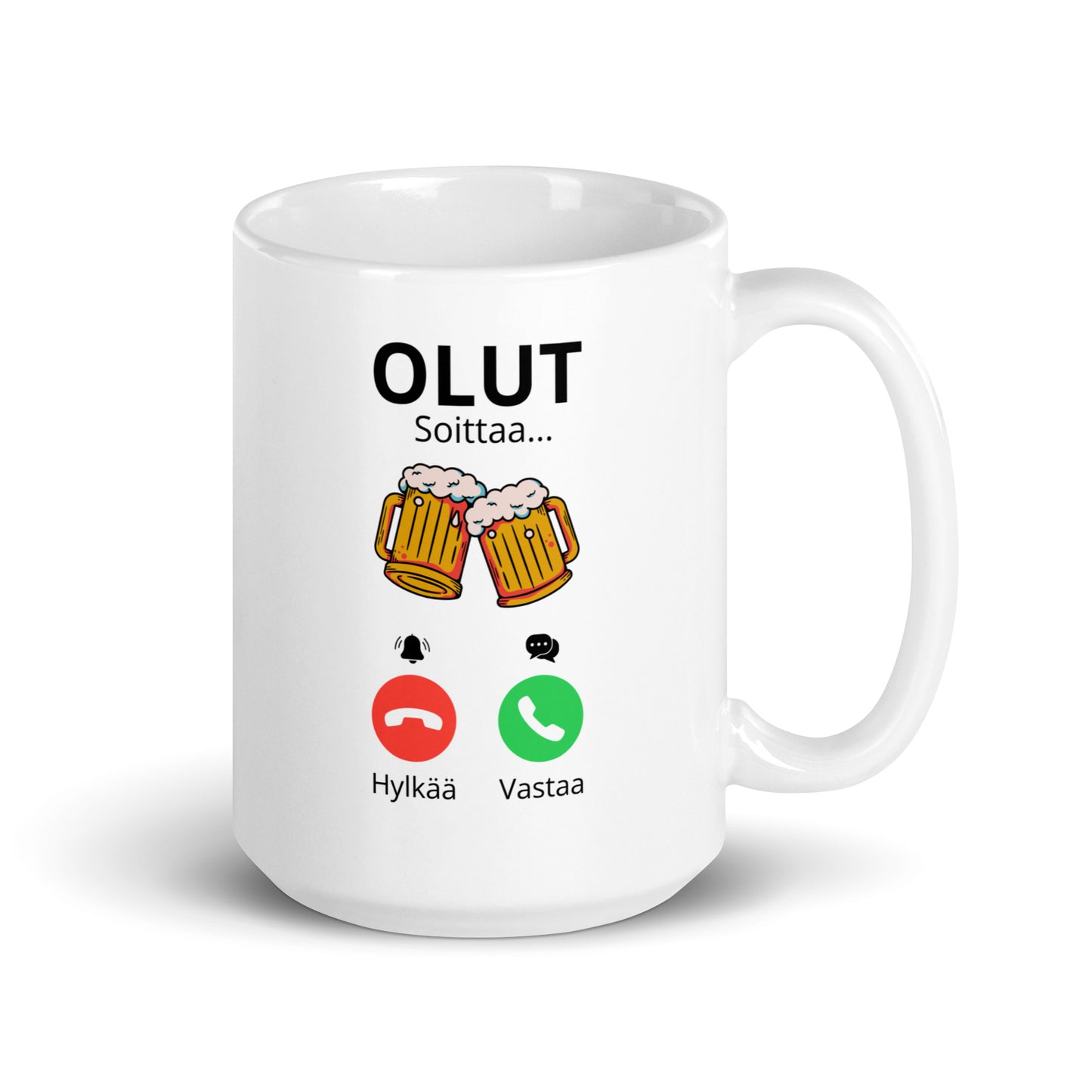 Hauska olutmuki lahjaksi, jossa teksti Olut Soittaa ja olutkannut