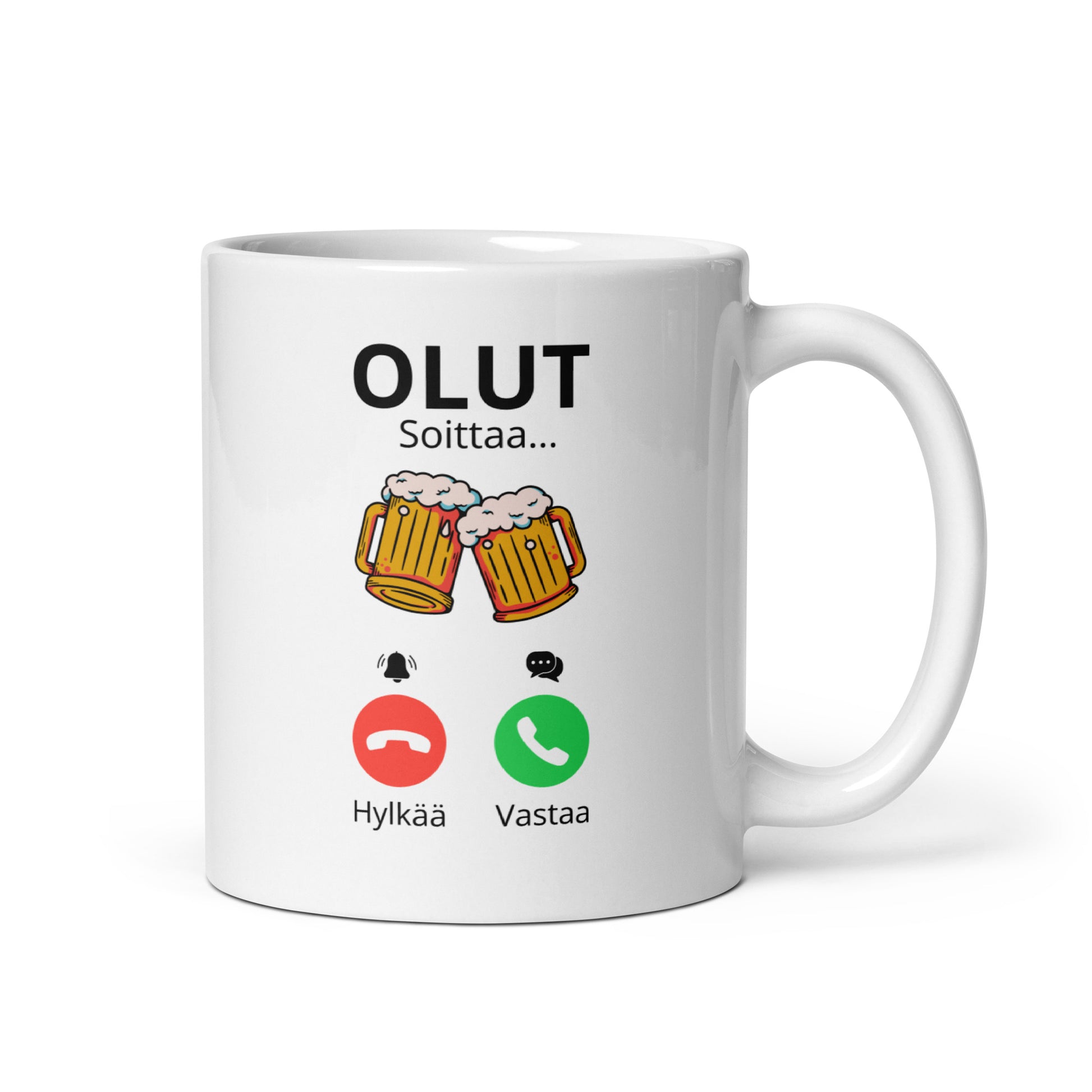 Hauska olutmuki lahjaksi, jossa oluthanat ja puhelun vastaanottopainikkeet