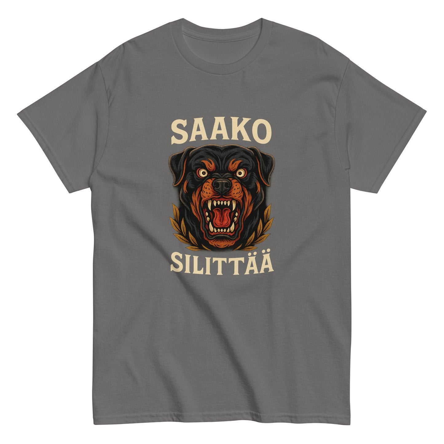 Hauska paita, jossa on uhkaava rottweilerin kuva ja teksti Saako Silittää