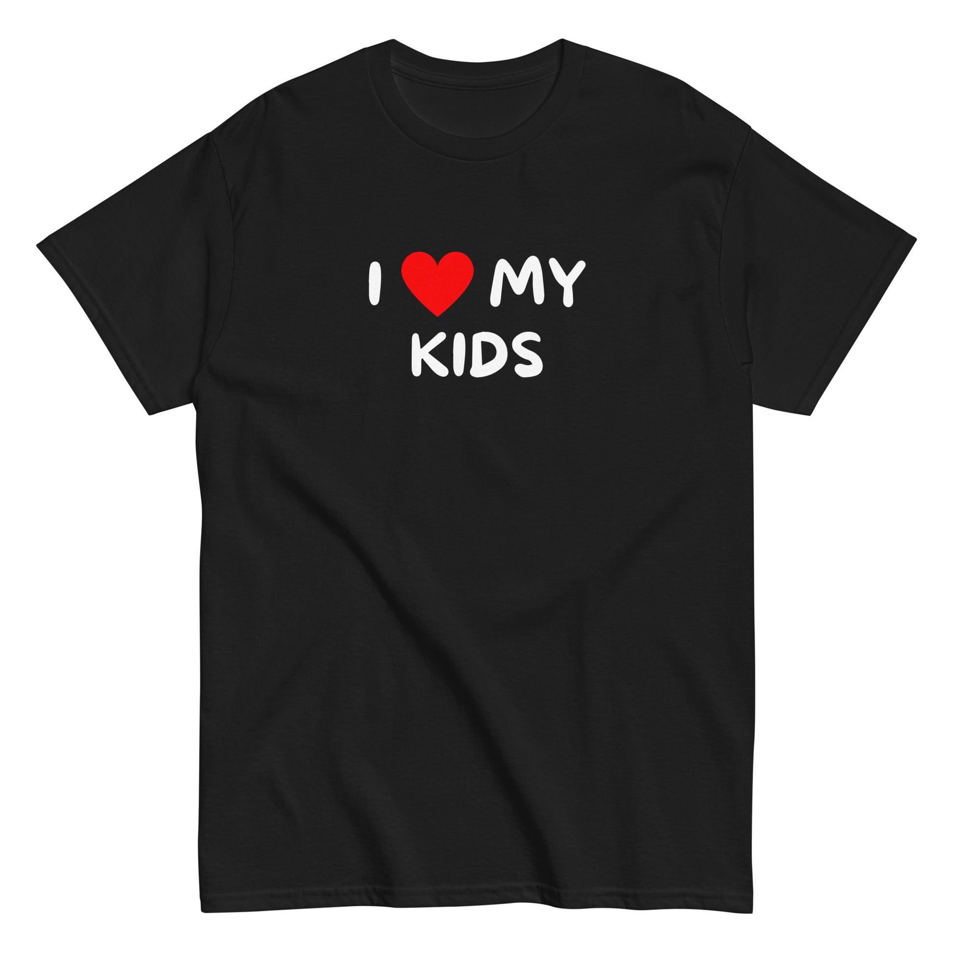 Meemirotta hauska paita mustalla taustalla, jossa teksti I love my kids valkoisella ja punaisella