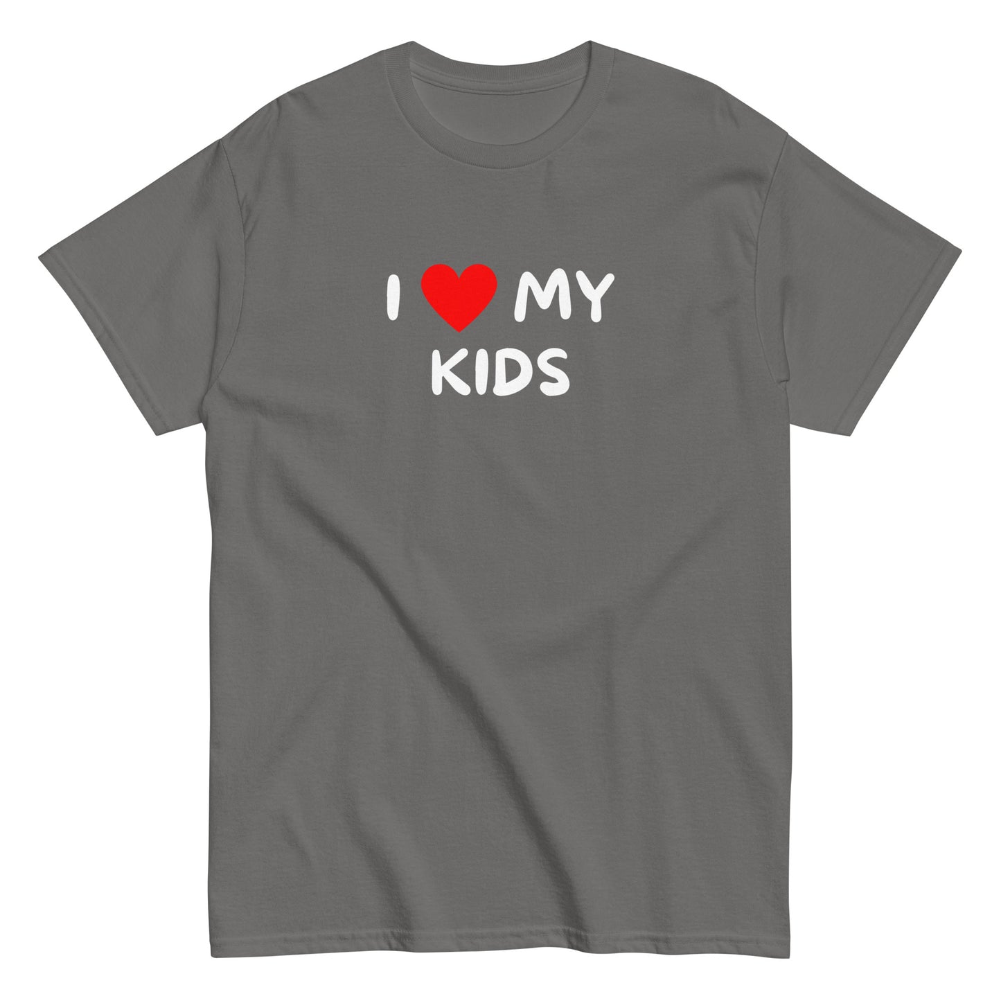 Harmaa hauska paita, jossa teksti I love my kids, täydellinen perhepäiville