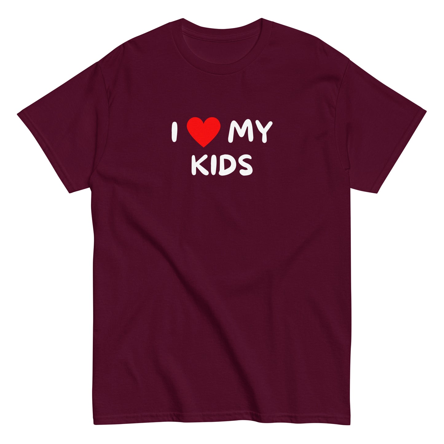 Burgundin värinen hauska paita, jossa on teksti I love my kids