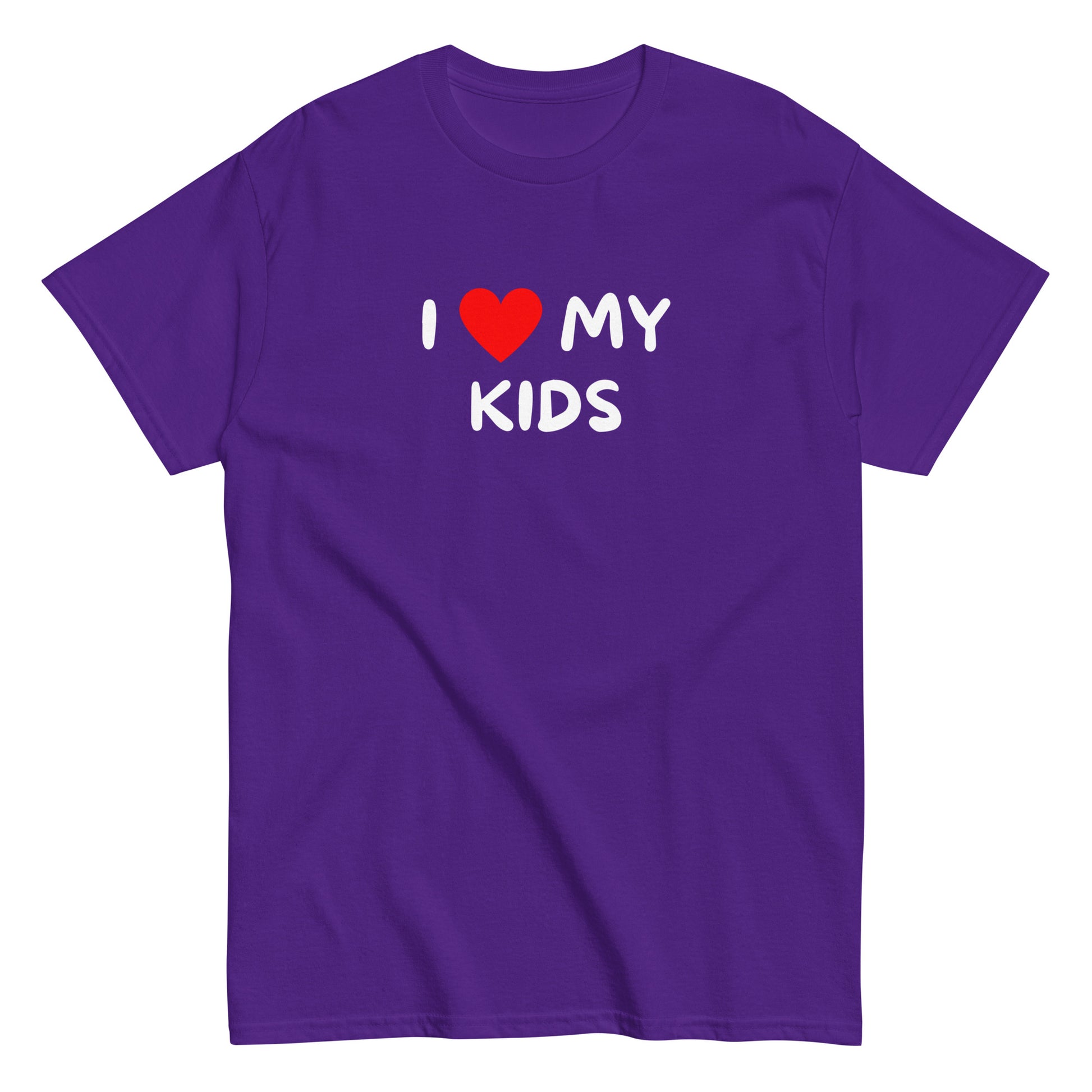 Violetti hauska paita, jossa teksti I love my kids valkoisella ja punaisella