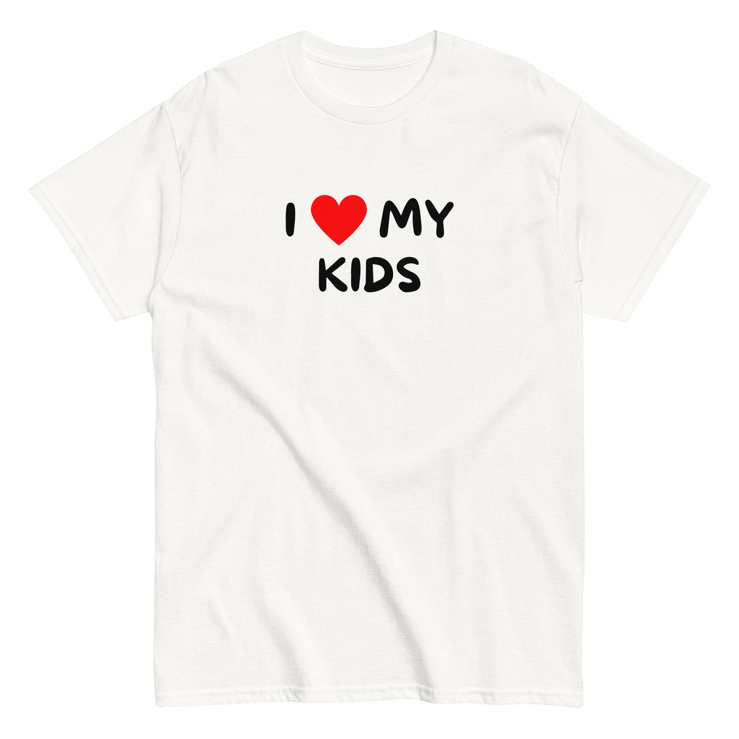 Valkoinen hauska paita, jossa on mustalla ja punaisella tekstillä I love my kids
