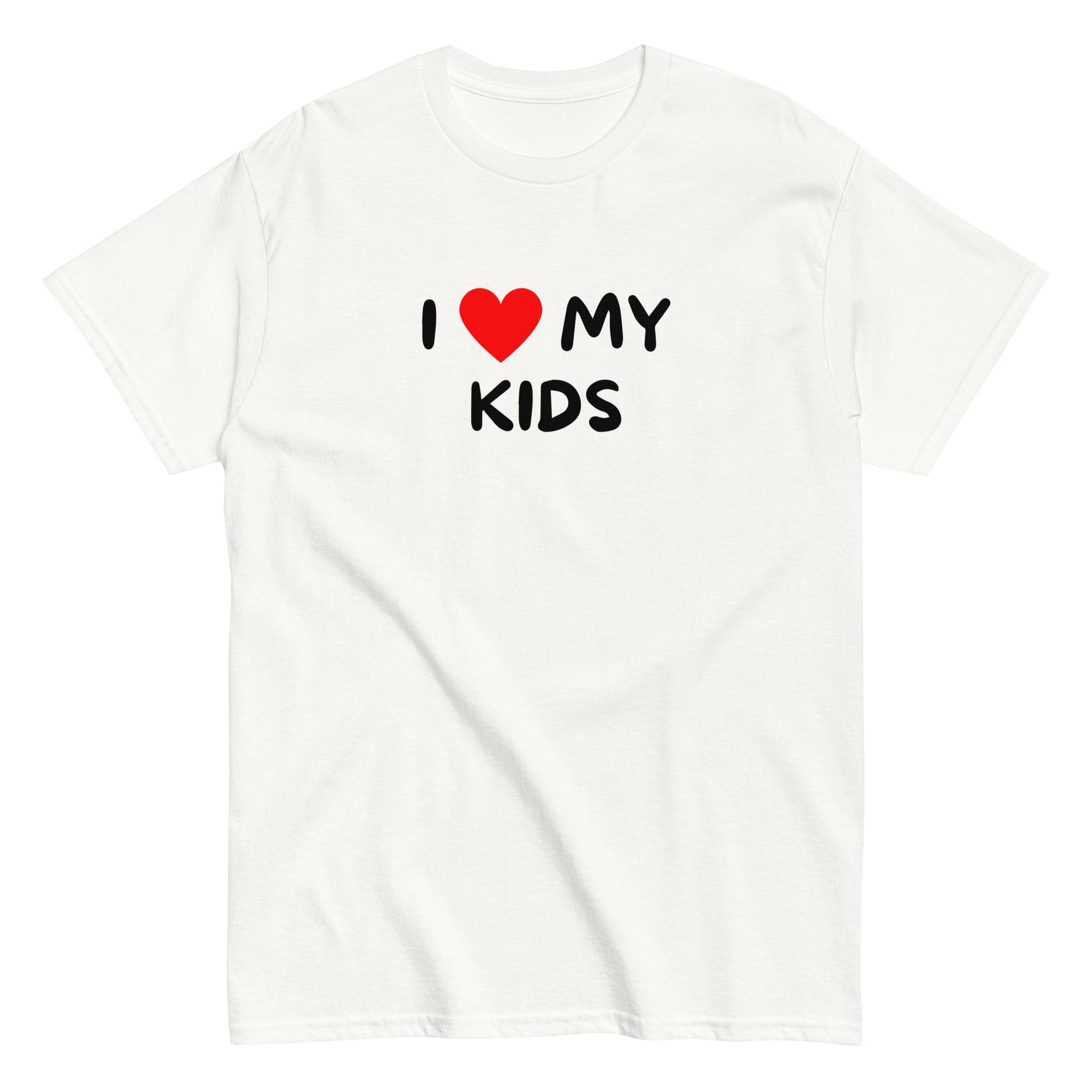 Valkoinen hauska paita, jossa on mustalla ja punaisella tekstillä I love my kids