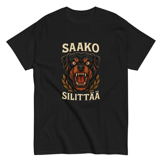 Hauska paita mustalla taustalla, jossa Rottweilerin kuva ja teksti Saako silittää
