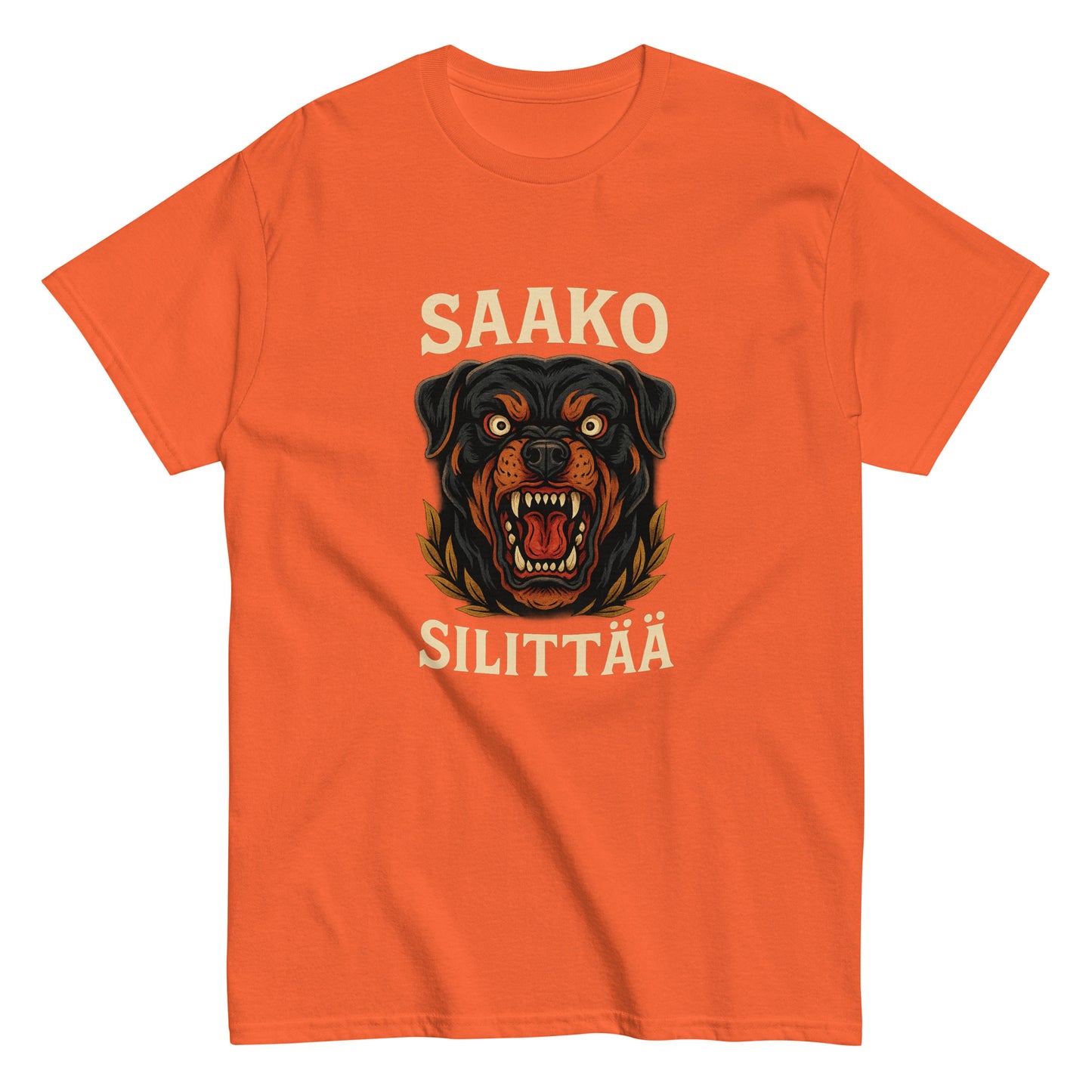 Oranssi hauska paita, jossa on pelottava rottweiler-kuvasto ja teksti Saako silittää
