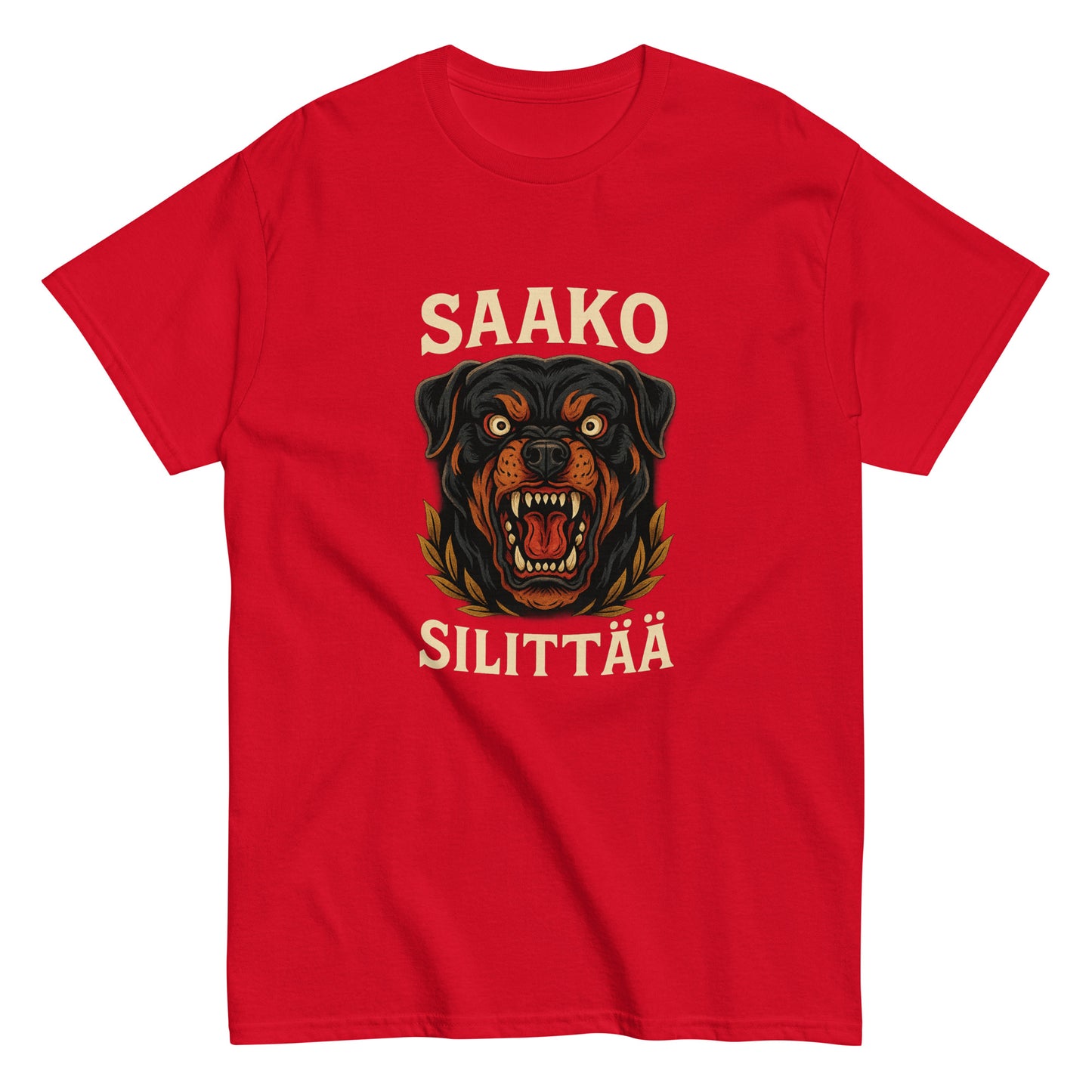 Punainen hauska paita koiran kuvalla ja tekstillä Saako Silittää
