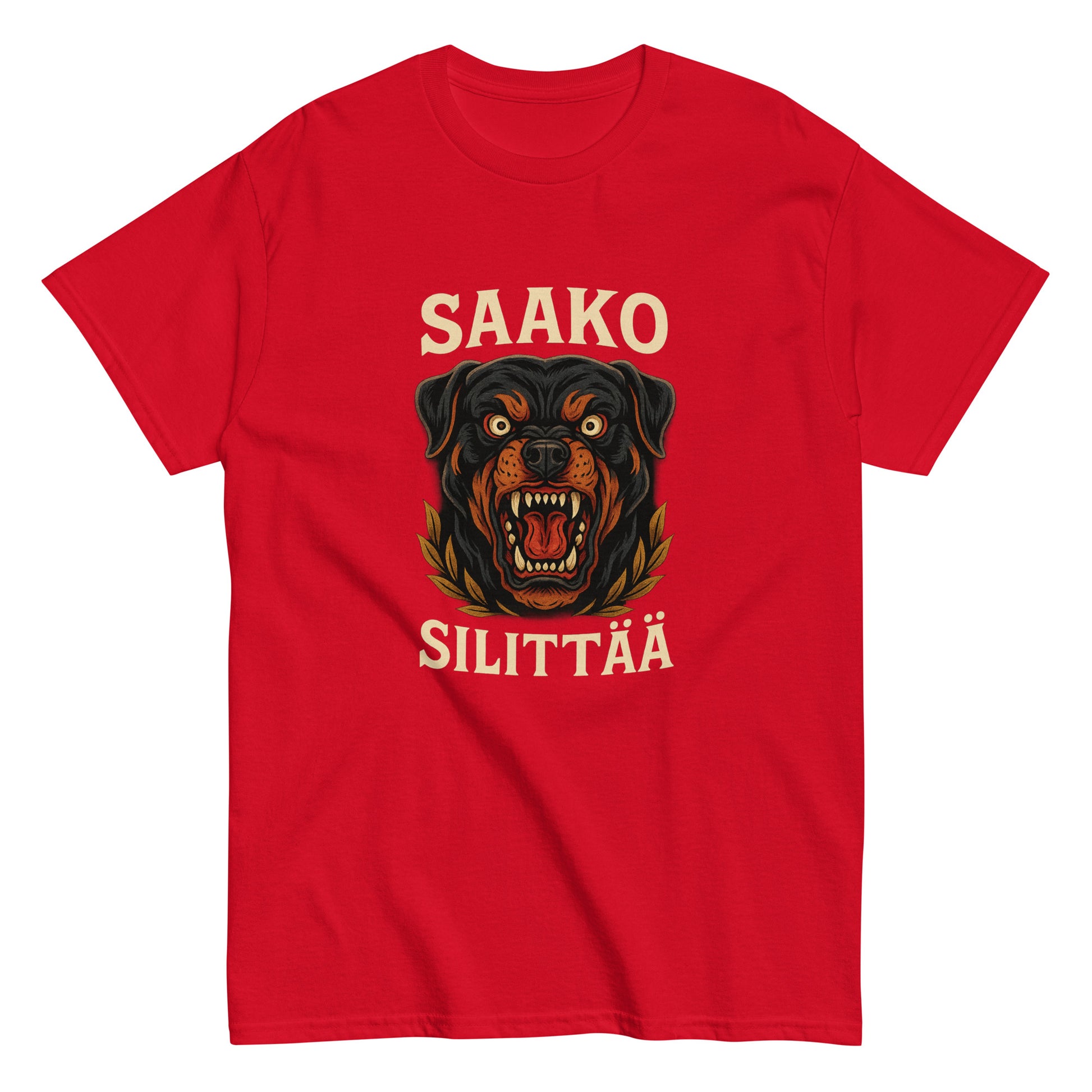Punainen hauska paita koiran kuvalla ja tekstillä Saako Silittää