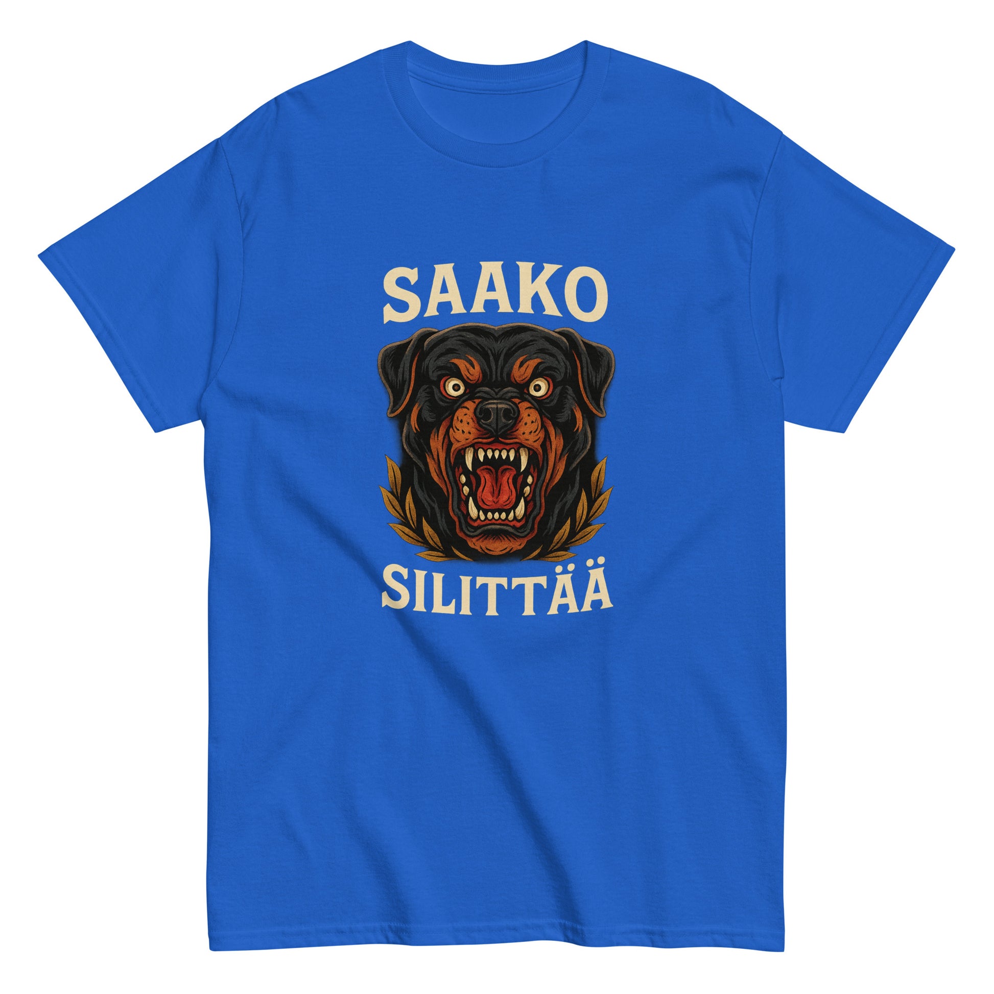 Meemirotta hauska paita sinisessä värissä, jossa pelottava rottweiler-kissakuvaus