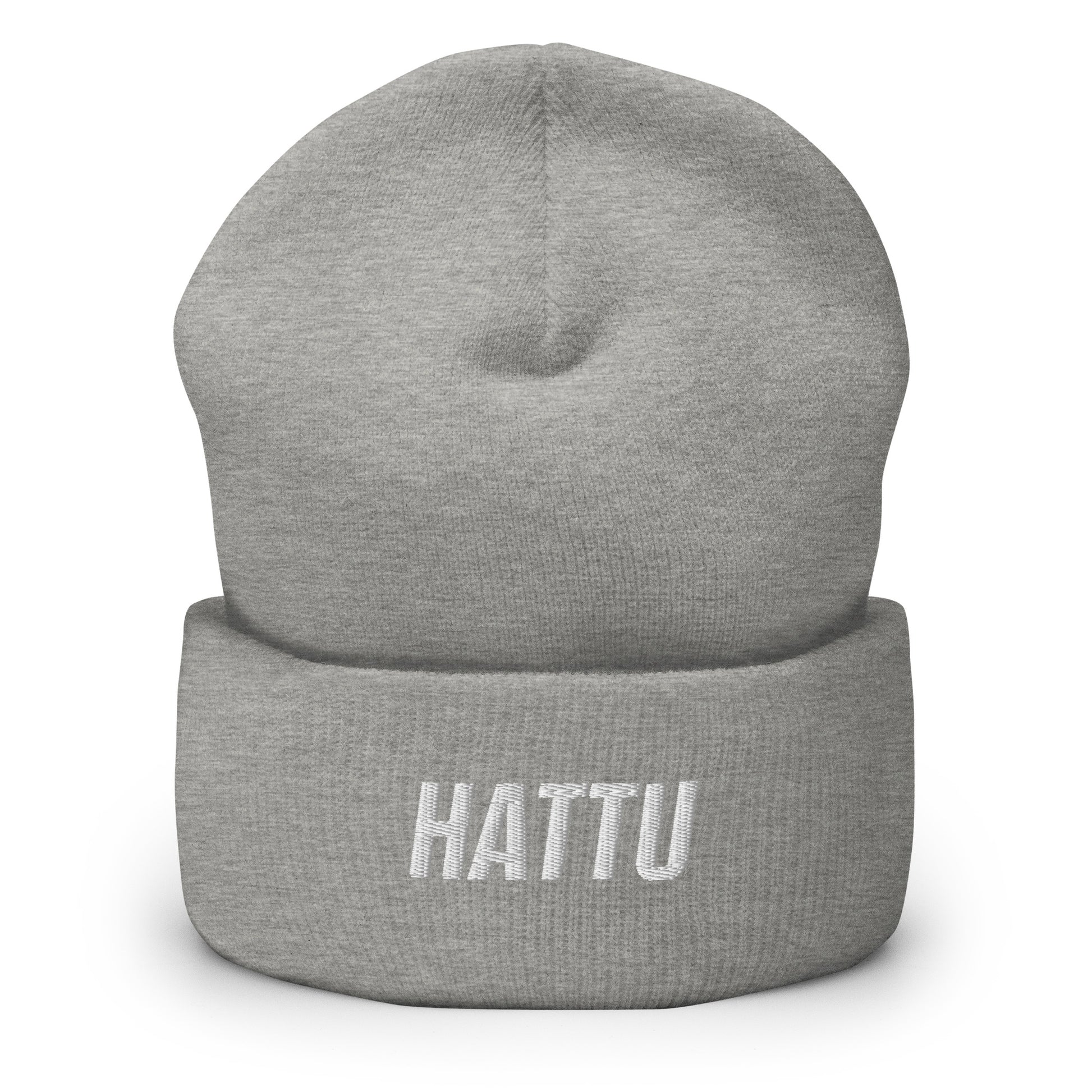 Harmaa hauska pipo HATTU-tekstiin brodeerattuna, täydellinen talvikeleille