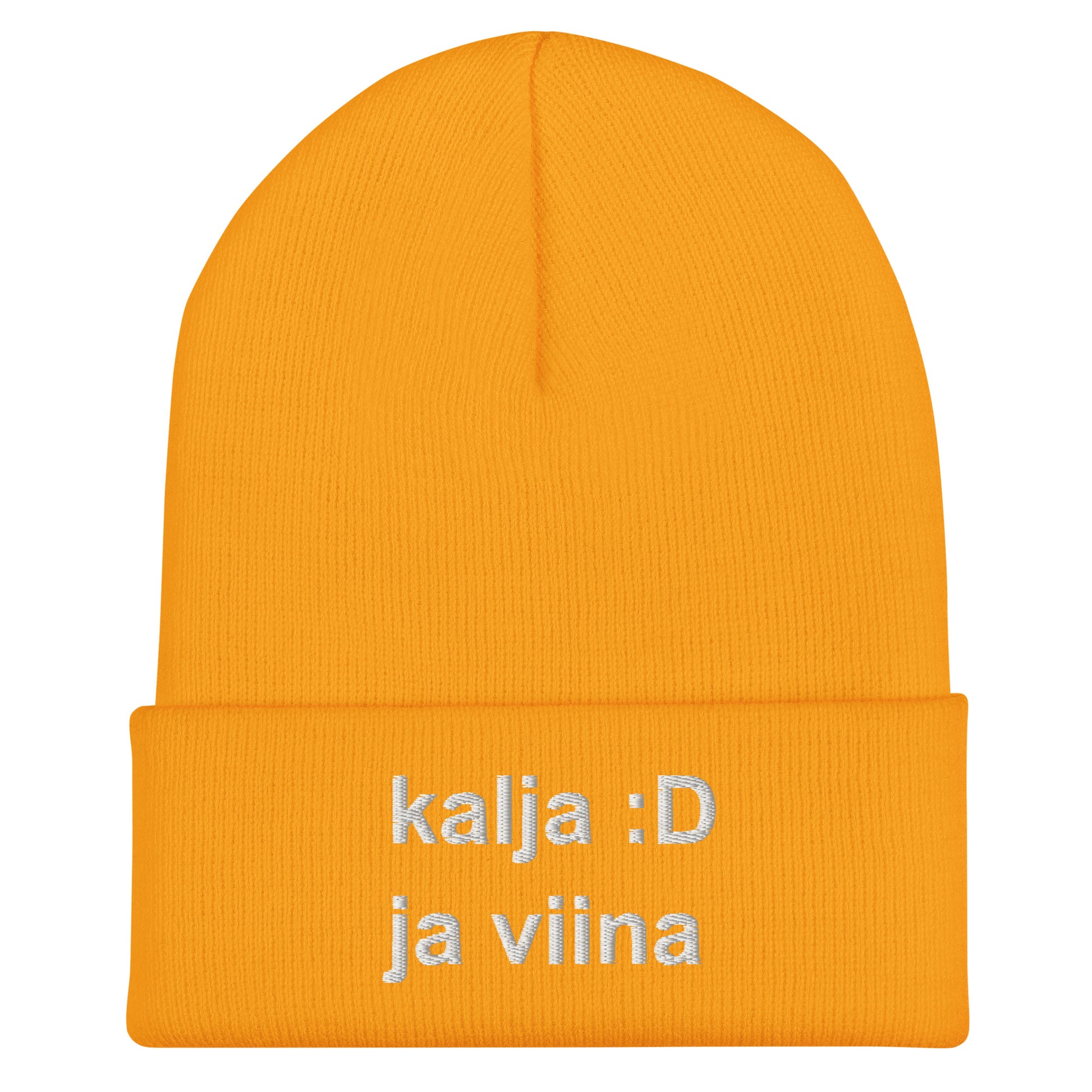 Hauska oranssi pipo, jossa teksti 'kalja :D ja viina' Meemirotta brändiltä
