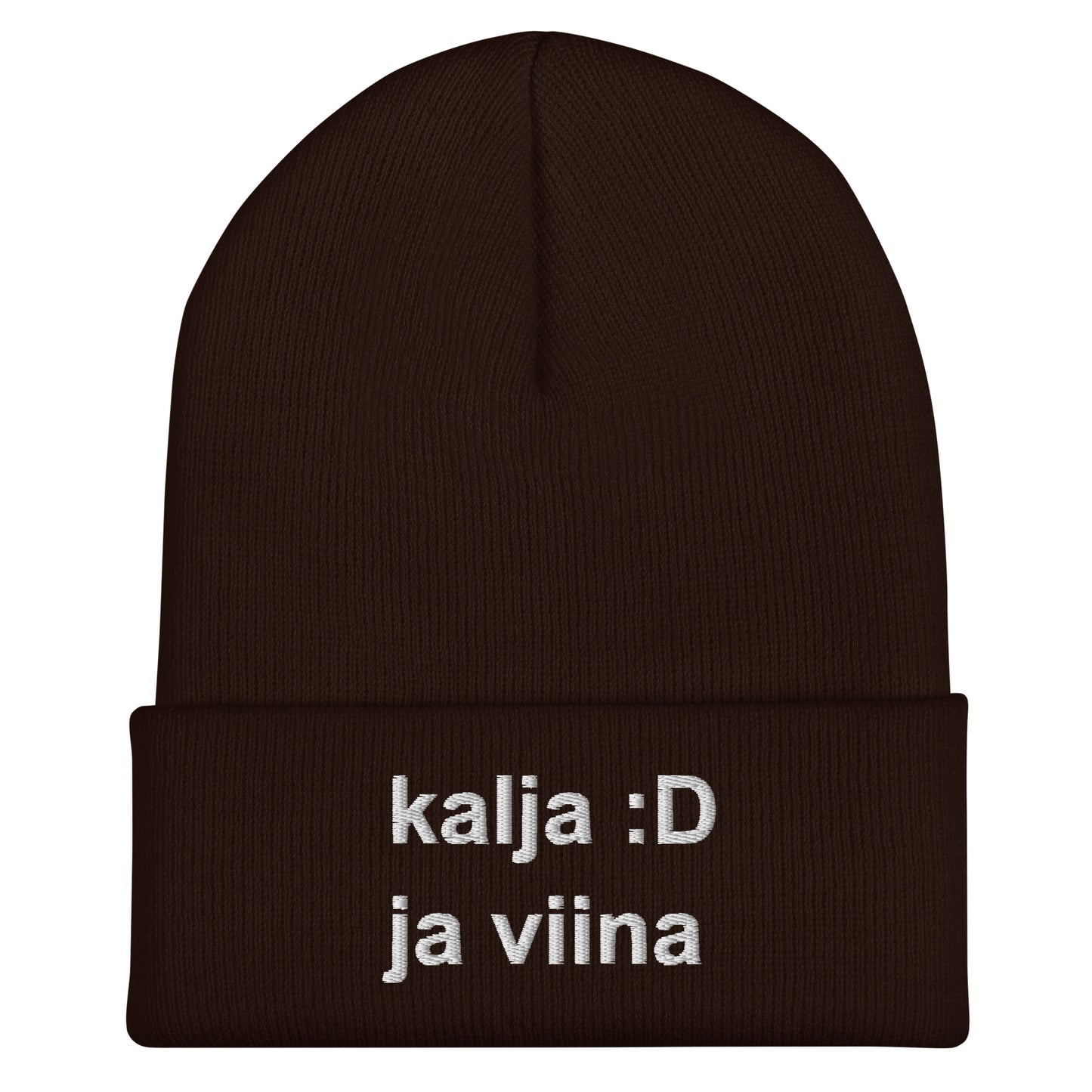 Hauska pipo kalja ja viina, jossa teksti kalja :D käännettynä harmaalla langalla