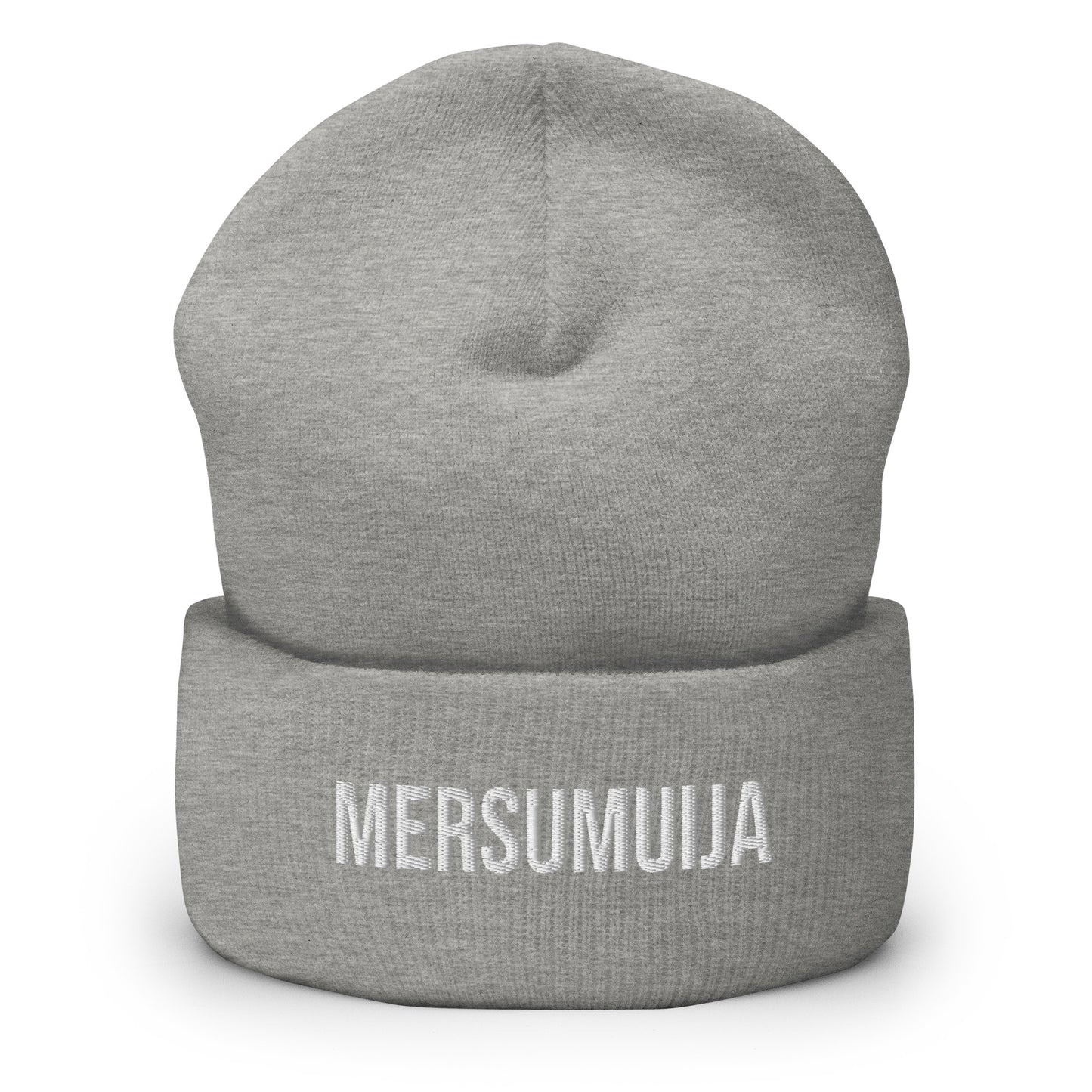 Harmaa hauska pipo, jossa on valkoinen Mersumuija-teksti edessä