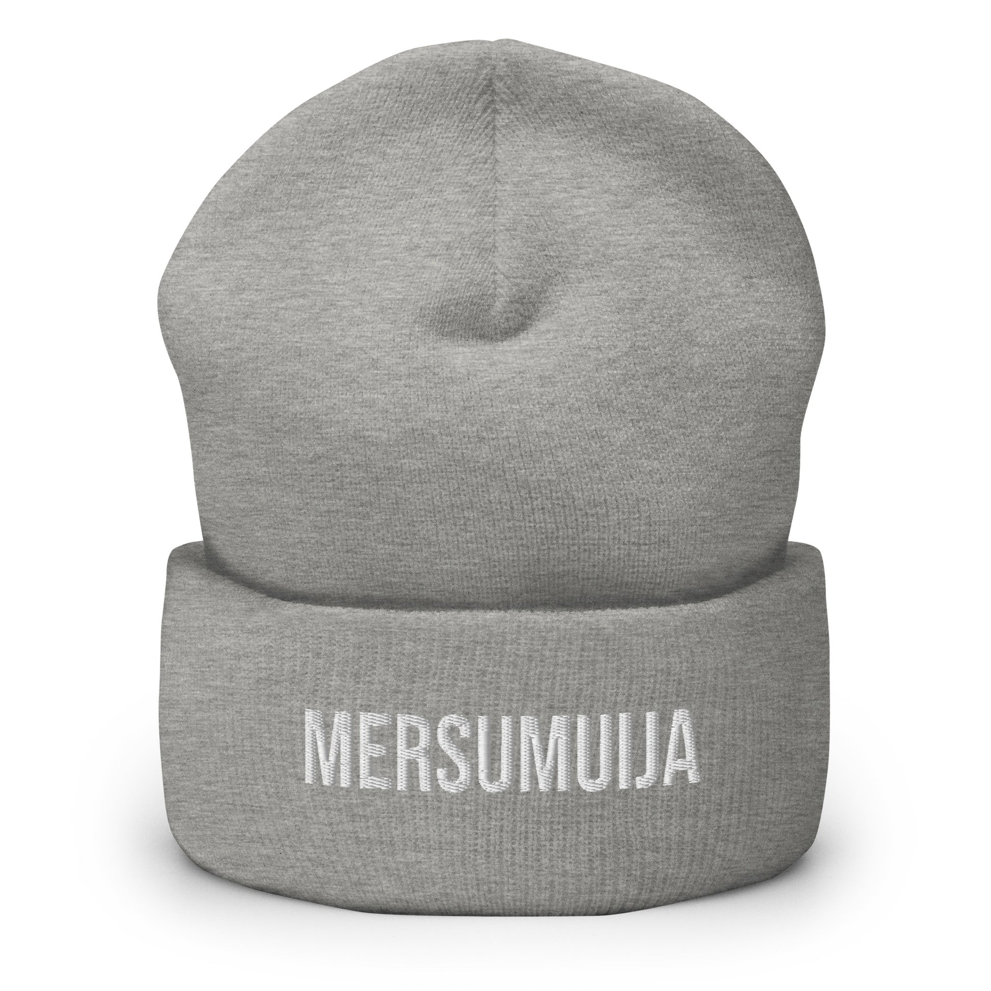 Harmaa hauska pipo, jossa on valkoinen Mersumuija-teksti edessä