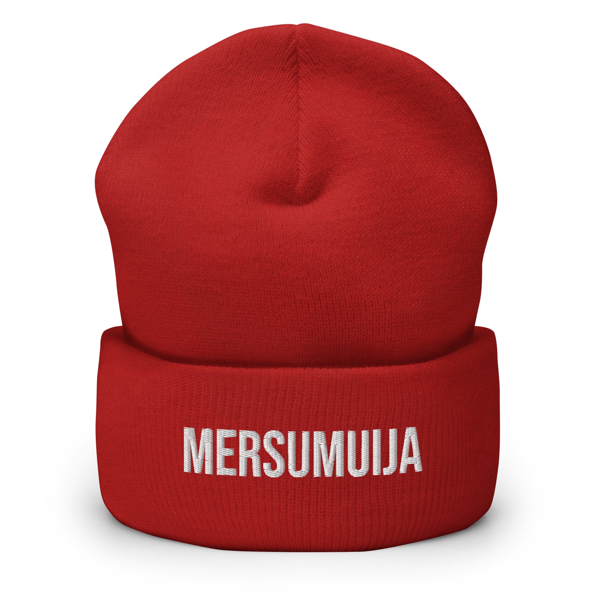 Punainen hauska pipo MERSUMUIJA-logolla, mukava ja lämmin talvisateeseen