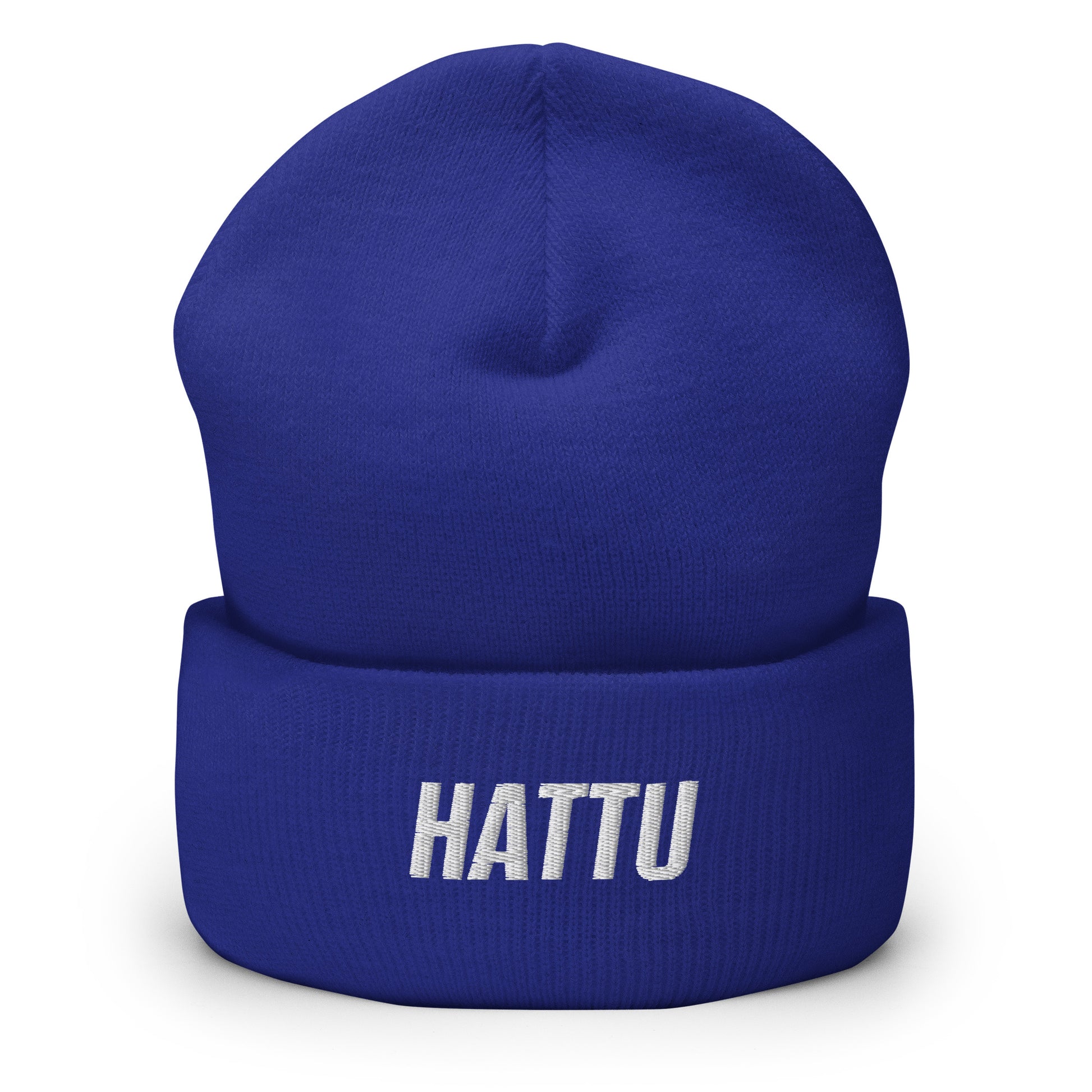 Sininen hauska pipo, jossa on valkoinen ommeltu teksti HATTU edessä
