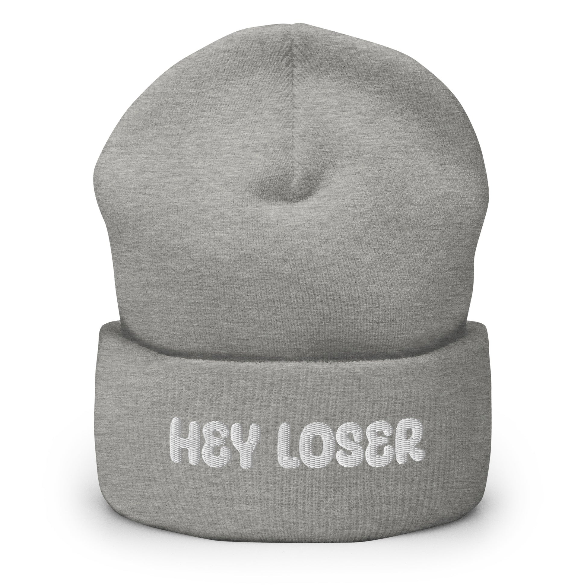 Harmaa hauska pipo tekstillä 'HEY LOSER', mukava ja trendikäs lisä asusteisiin