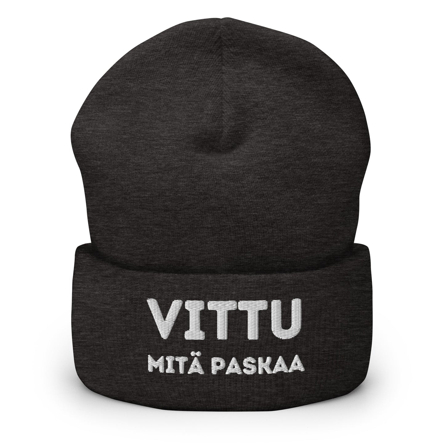 Hauska pipo tekstillä VITTU MITÄ PASKAA mustassa värissä Meemirotta brändiltä
