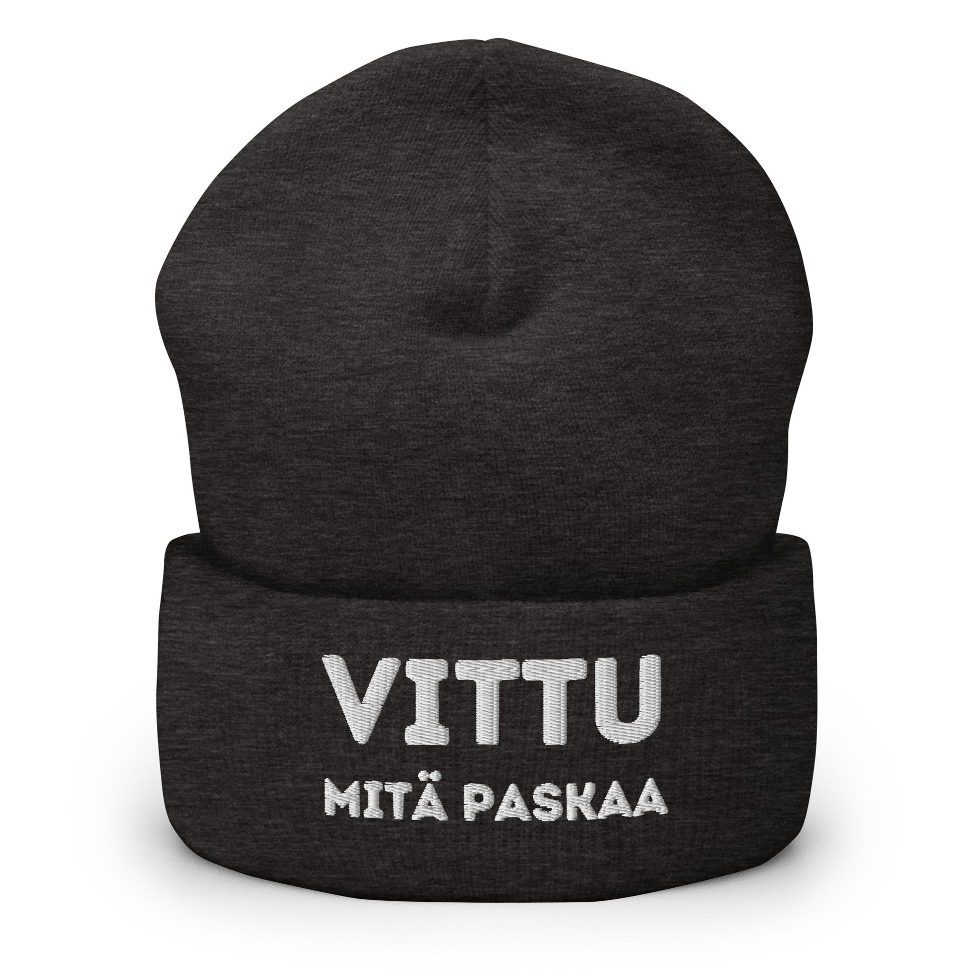 Hauska pipo tekstillä VITTU MITÄ PASKAA mustassa värissä Meemirotta brändiltä