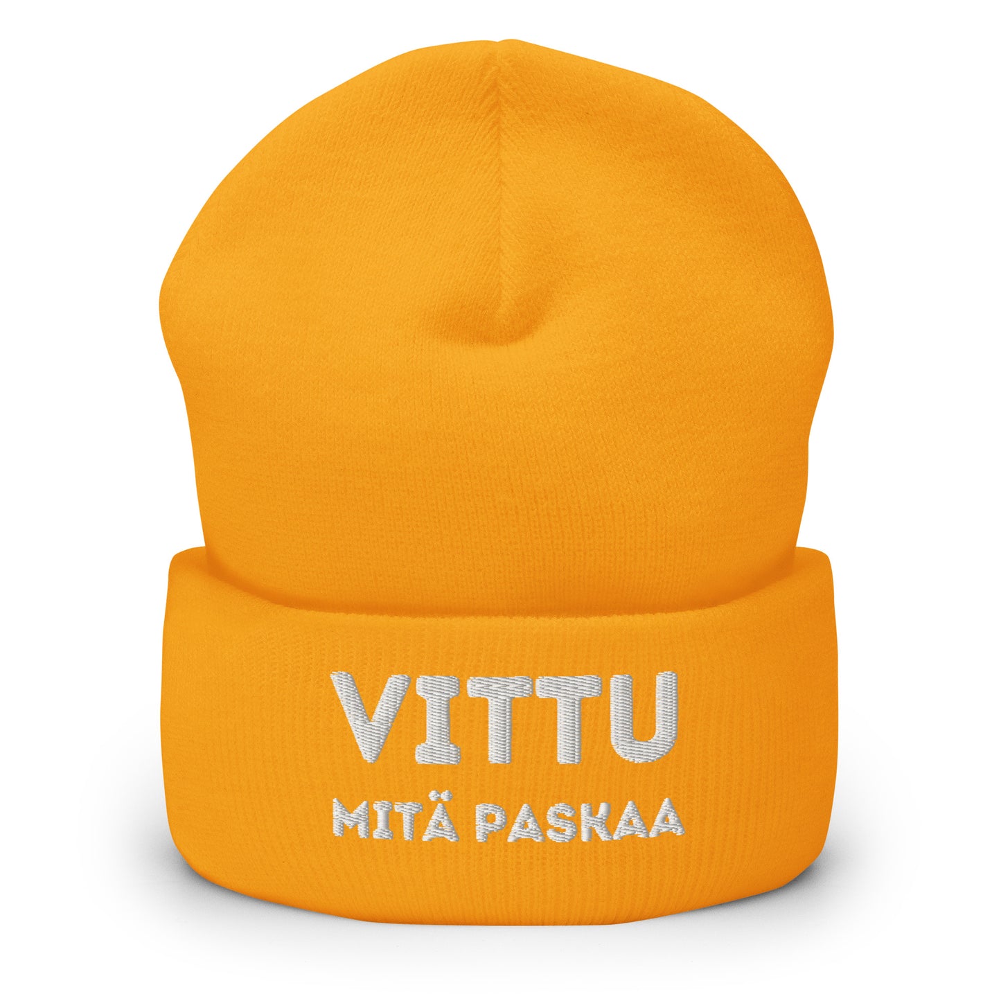 Hauska pipo tekstillä 'VITTU MITÄ PASKAA' kirkkaan keltaisena Meemirotta-tuotemerkiltä