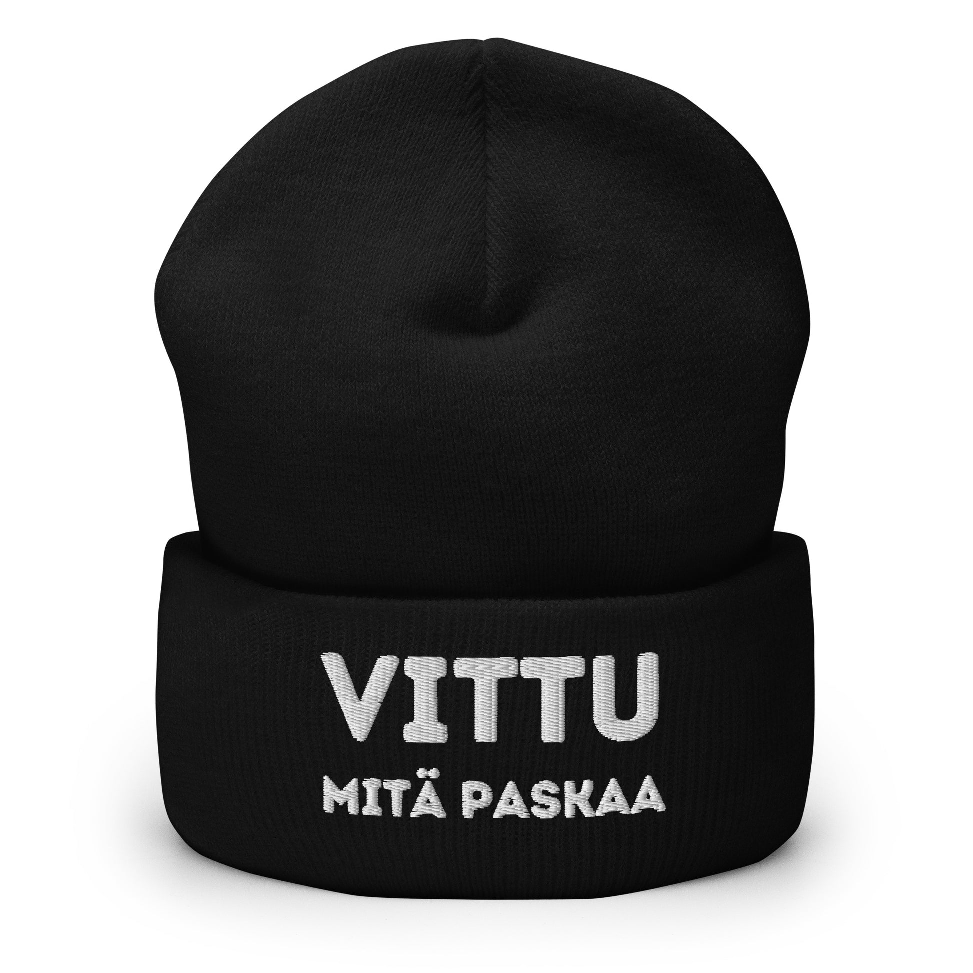 Mustassa pipossa on hauska pipo tekstillä: VITTU MITÄ PASKAA, joka tuo huumoria talvipesään.