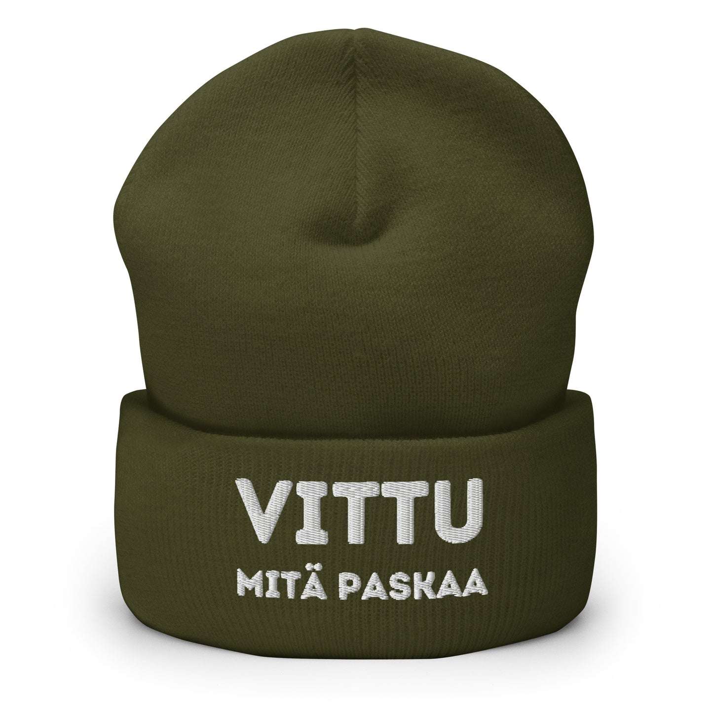 Hauska pipo tekstillä 'VITTU MITÄ PASKAA' tummanvihreänä Meemirotta merkiltä