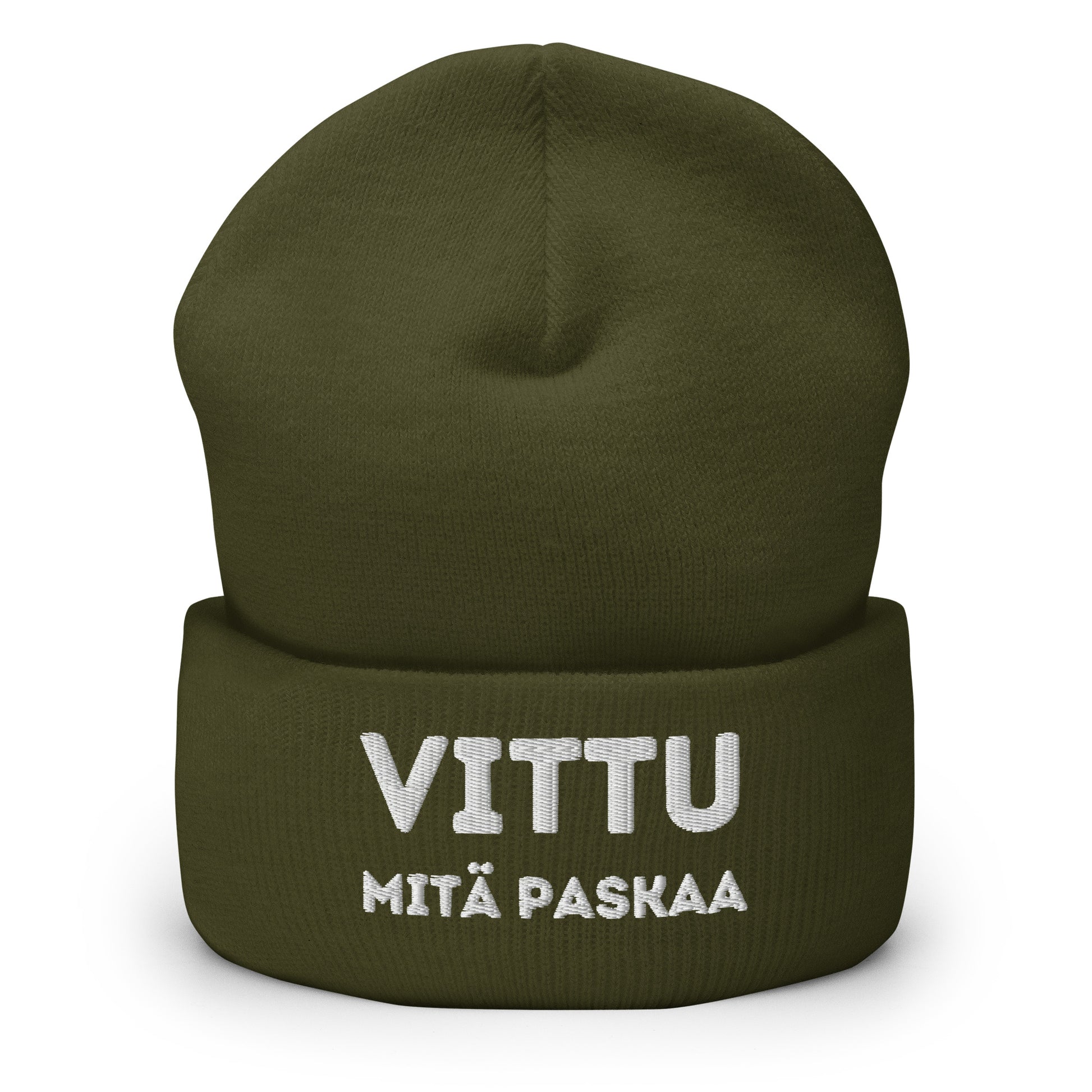 Hauska pipo tekstillä 'VITTU MITÄ PASKAA' tummanvihreänä Meemirotta merkiltä