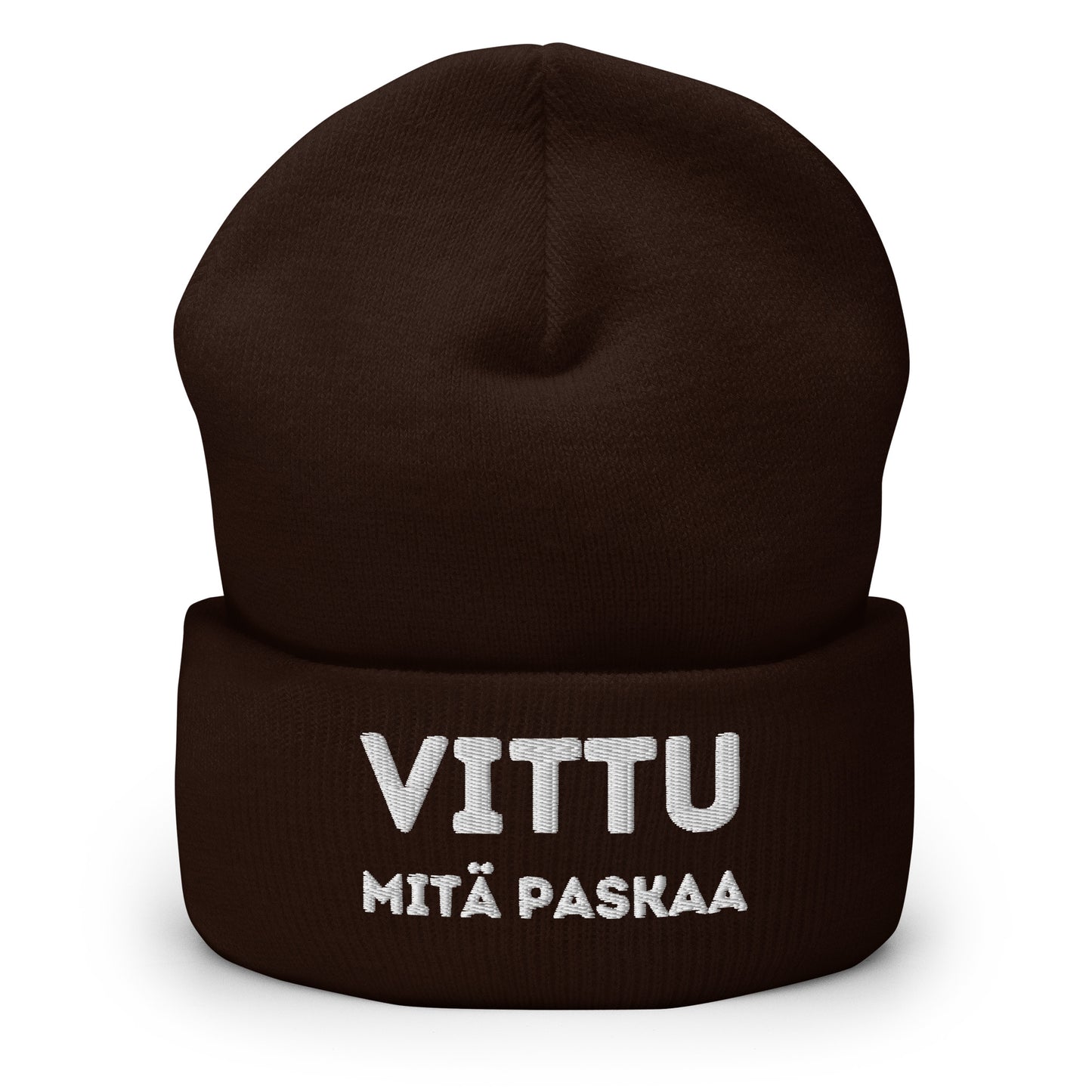 Tumma hauska pipo tekstillä 'VITTU MITÄ PASKAA' Meemirotta brändiltä