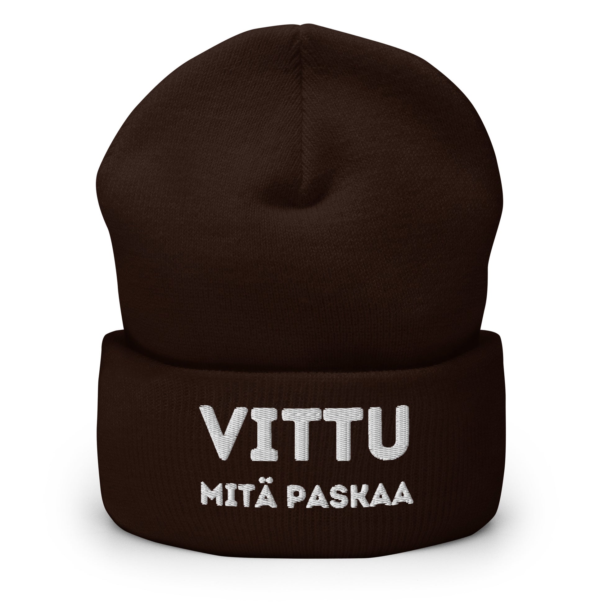Tumma hauska pipo tekstillä 'VITTU MITÄ PASKAA' Meemirotta brändiltä