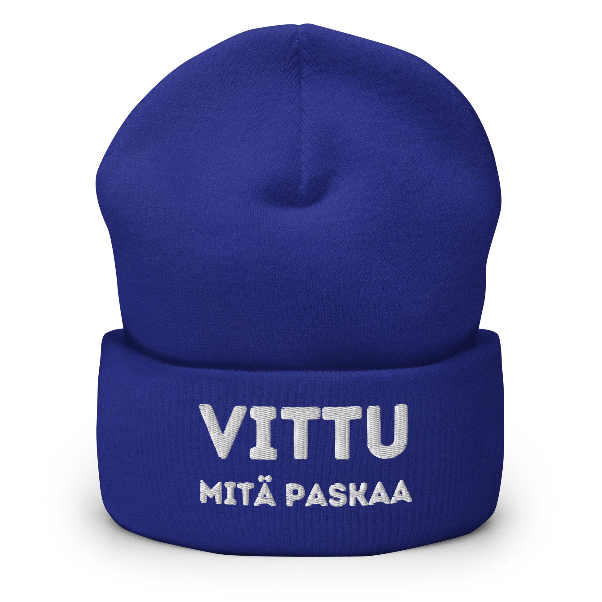 Hauska pipo tekstillä 'VITTU MITÄ PASKAA' kirkkaan sinisessä värissä Meemirotta-merkillä