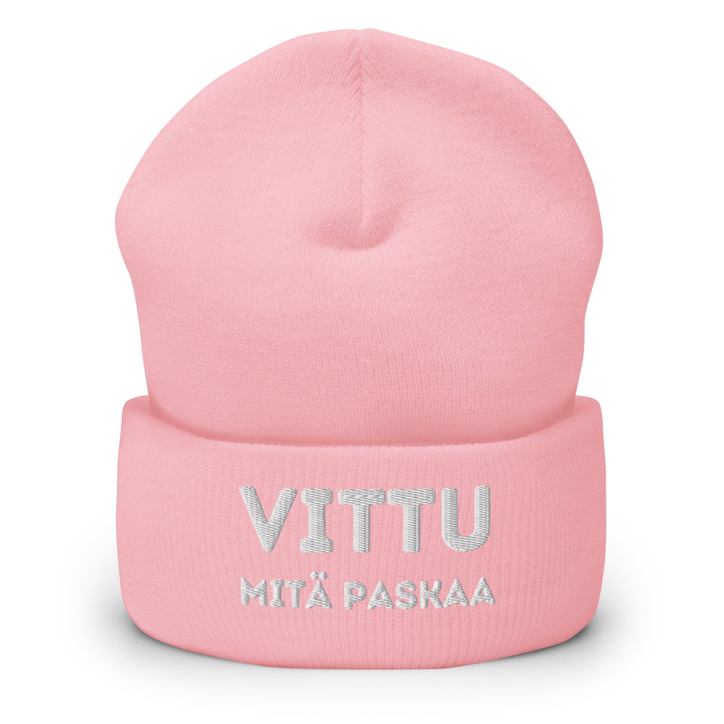 Vaaleanpunainen hauska pipo tekstillä 'VITTU MITÄ PASKAA' Meemirotta-merkillä
