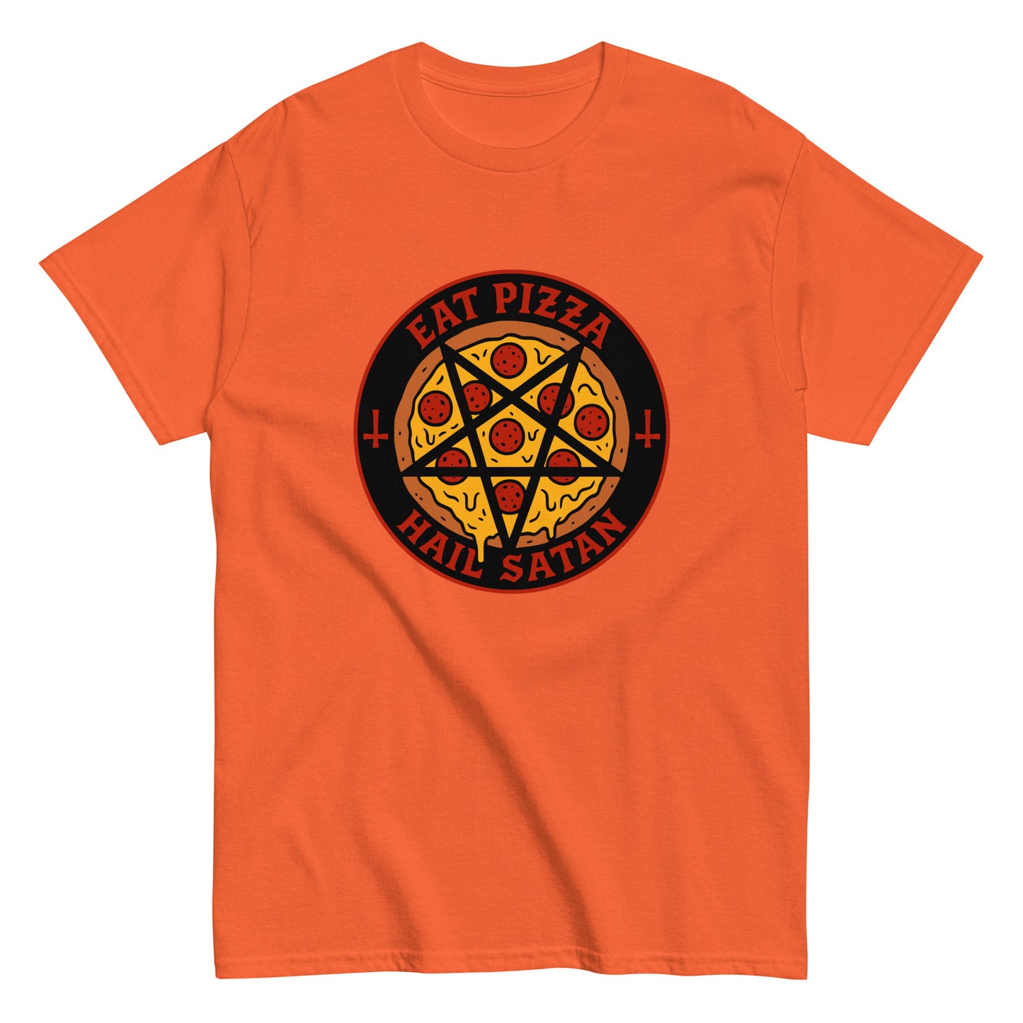 Hauska pizza t-paita oranssi, jossa grafiikka pizza ja hauska teksti Eat Pizza Hail Satan