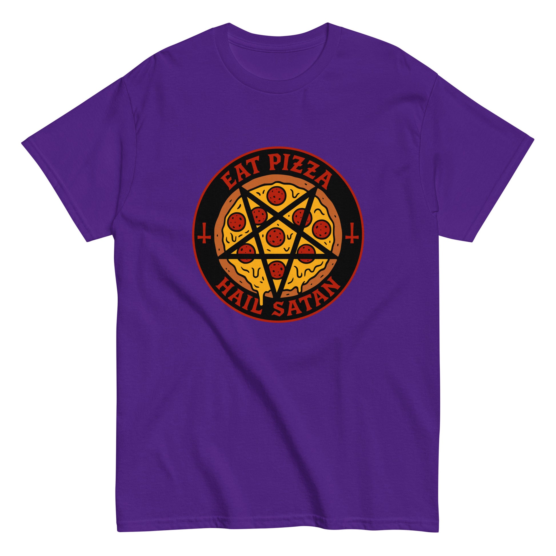 Hauska pizza t-paita, jossa on särmikäs kuva pizzasta ja tekstistä HAIL SATAN.
