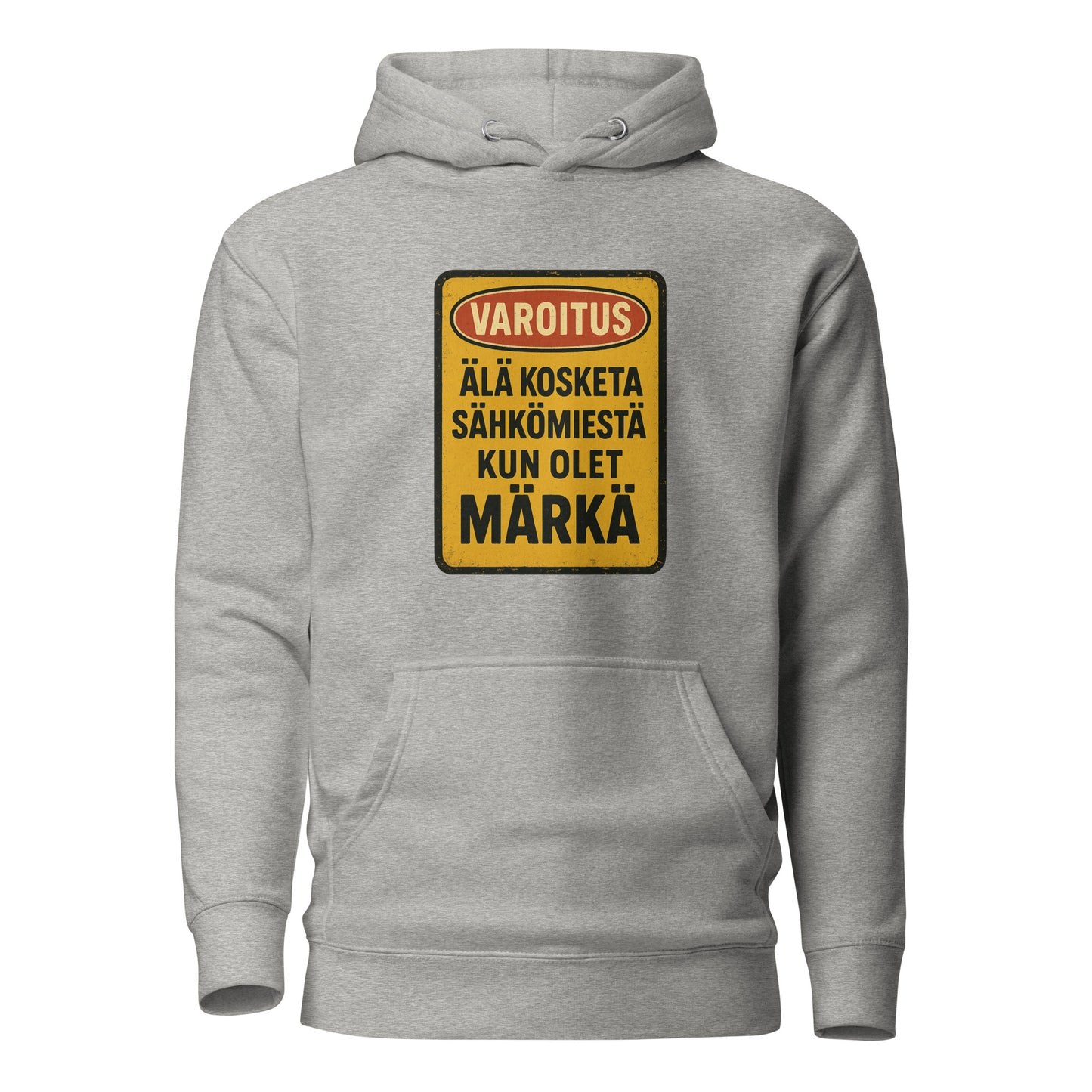 Hauska sähkömies huppari harmaalla taustalla, jossa varoituskyltin kuvasto