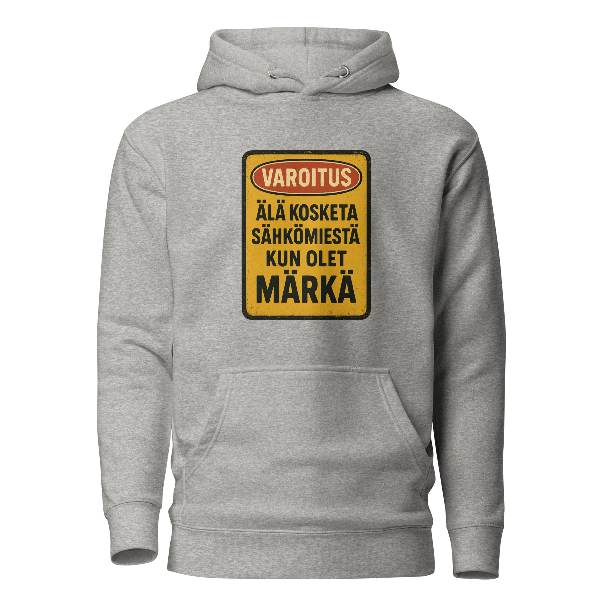 Hauska sähkömies huppari harmaalla taustalla, jossa varoituskyltin kuvasto
