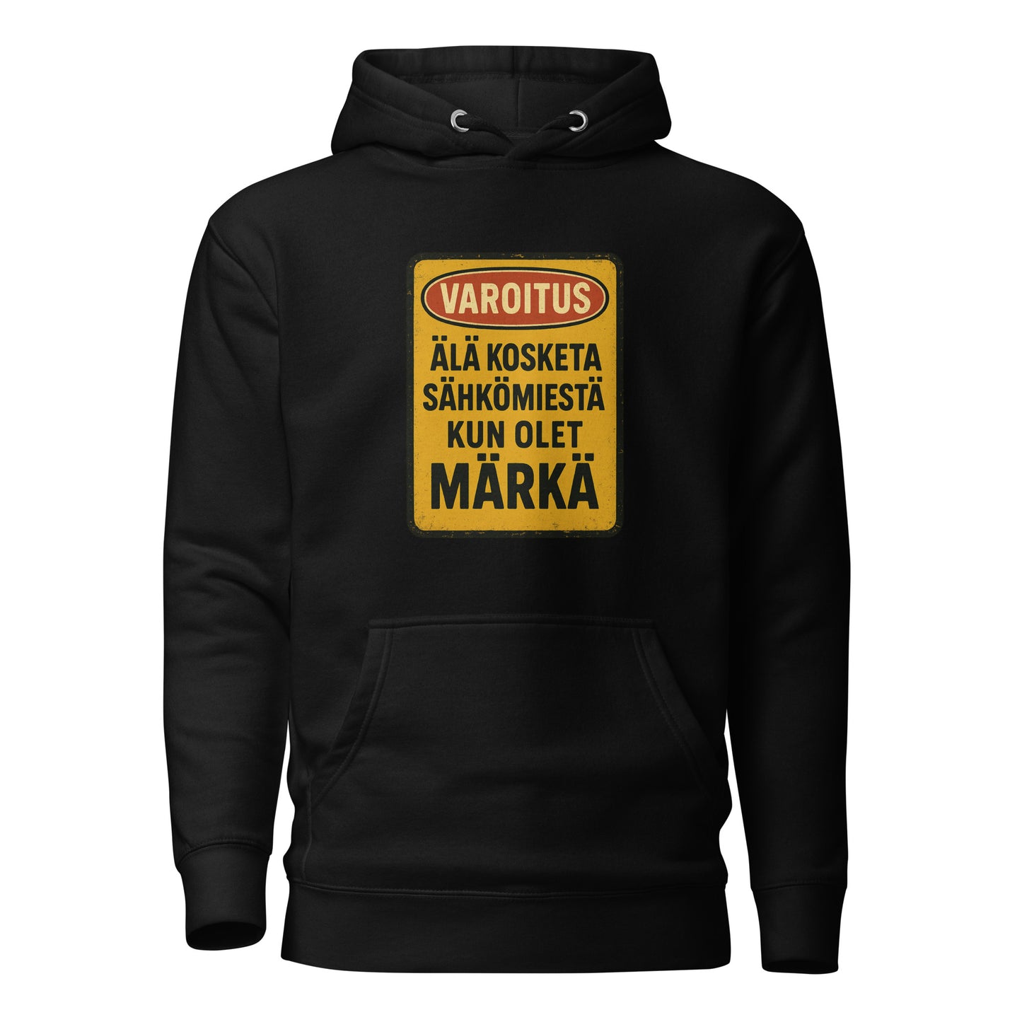 Hauska sähkömies huppari mustassa värissä varoitusviestillä sähkömiehestä